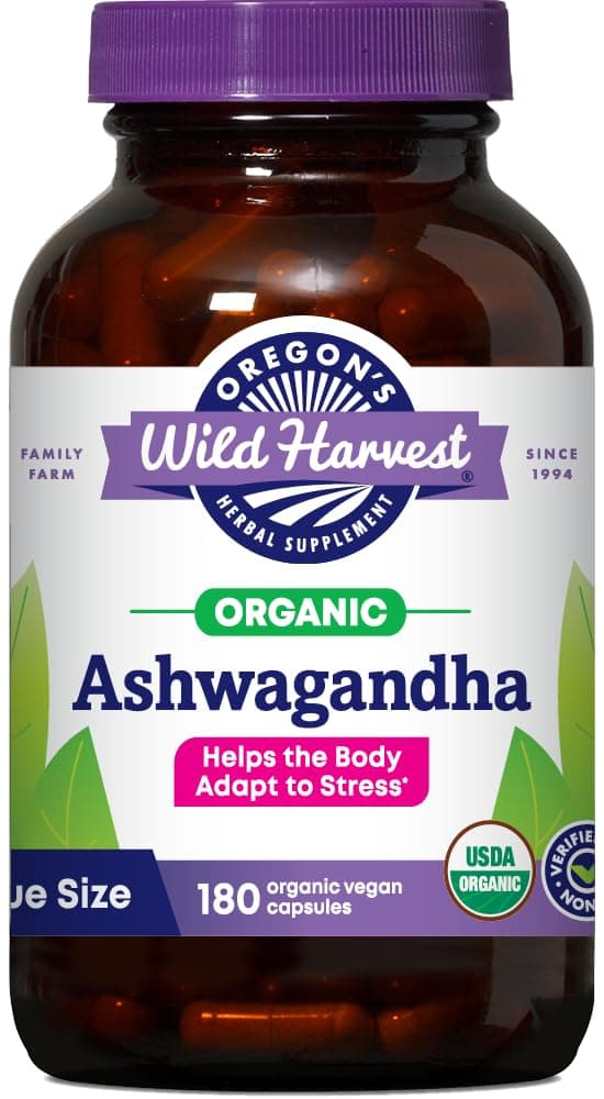 Organic Ashwagandha Non-GMO Herbal Supplements for Stress Relief, Immune Support, Balanced Energy Levels & Mood Support, 180 Count