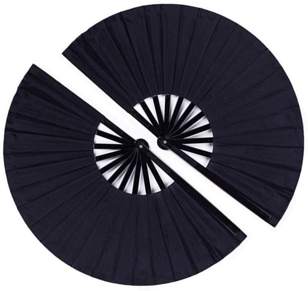 Minleer Large Folding Hand Fan 2 Pack, Nylon-Cloth Vintage Retro Fabric Fans, Chinese Kung Fu Tai Chi Hand Fan for men/women, Festival, Dance, Gift, Performance, Decorations (Black, 13 inch)