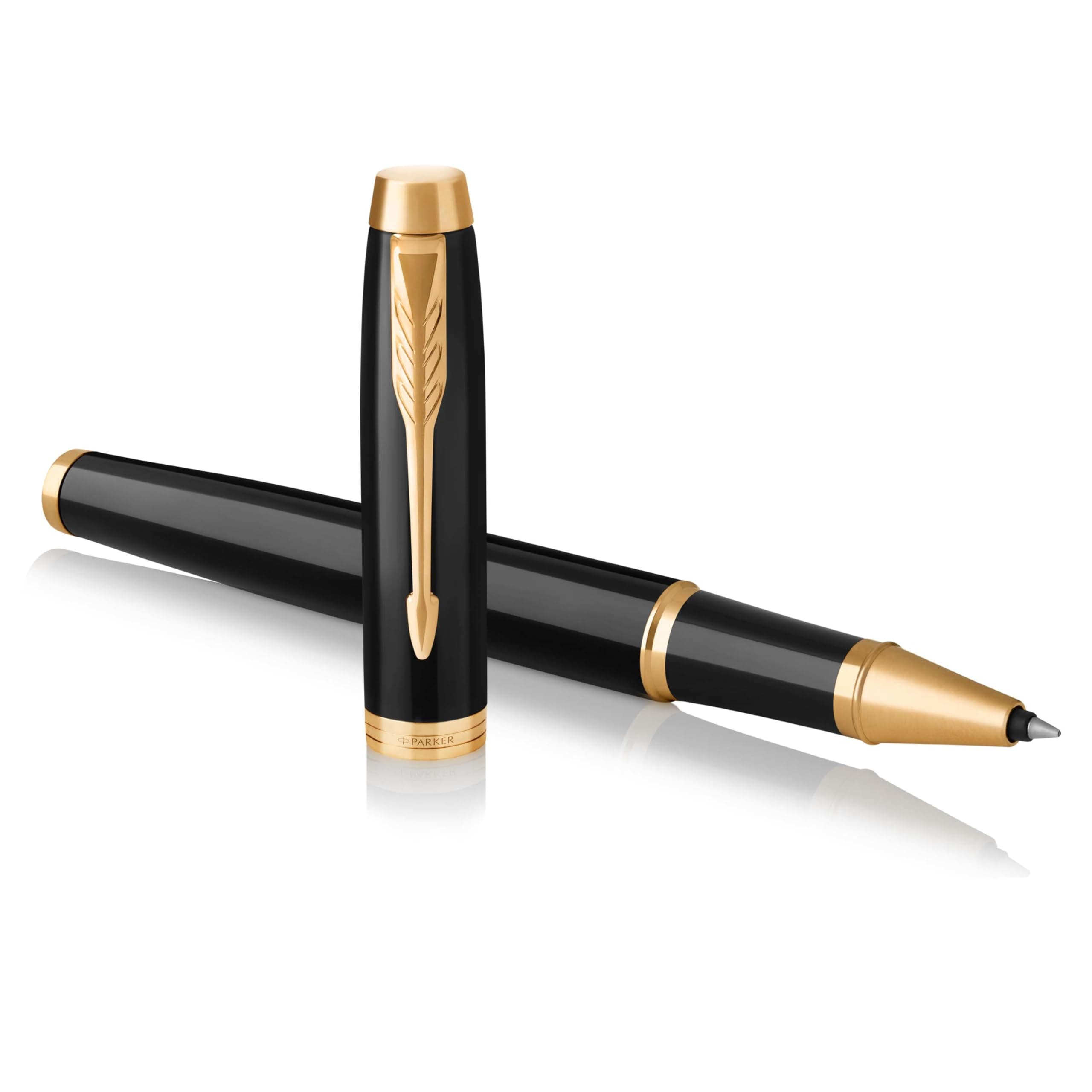 PARKER IM Rollerball Pen, Black Lacquer Gold Trim with Fine Point Black Ink Refill, Gift Box (1931659), Black and Gold