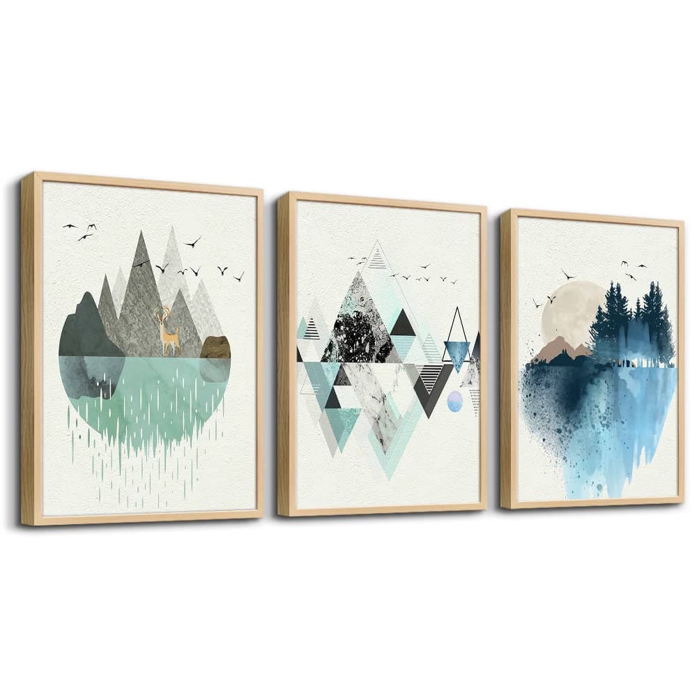 Natural Wood Framed Abstract Geometry Wall Art - Set of 3 Piece 12"X16" Prints for Living Room, Bedroom, Office Wall Decor