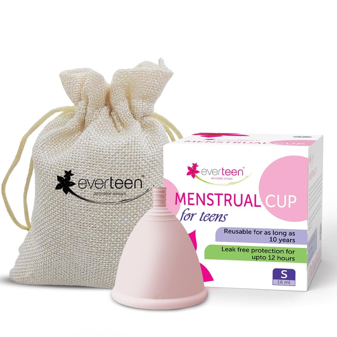 - everteen Reusable Menstrual Cup Small for Women (16ml) with Pouch, Ultra Soft & Rash Free, 12 hours Leak-Proof Protection, No Discomfort or Leakage, Medical-Grade Silicone - Pack of 1