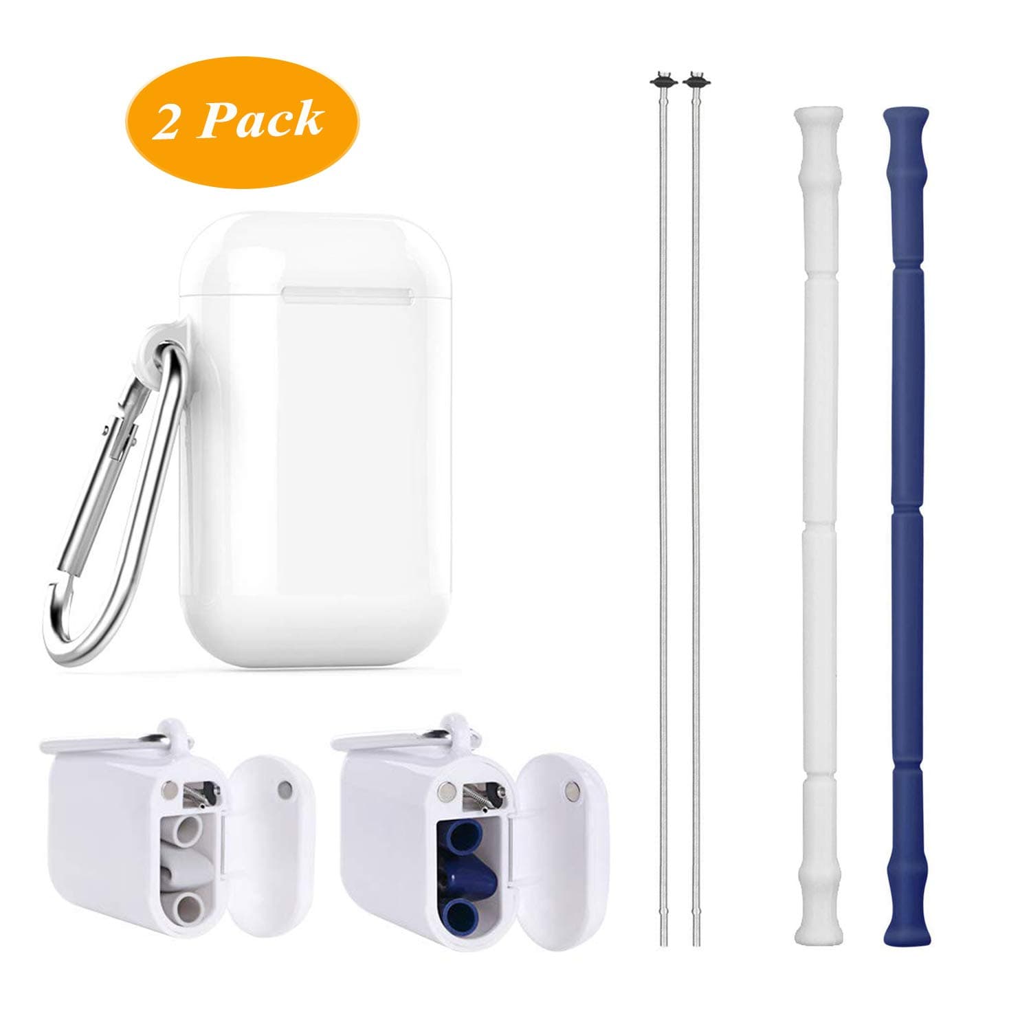 2 Pack Collapsible Reusable Straw, Food-grade Silicone, Portable Set with Hard Case Holder and Cleaning Brush, For Party, Travel, Household, Outdoor, etc (Navy+Grey)