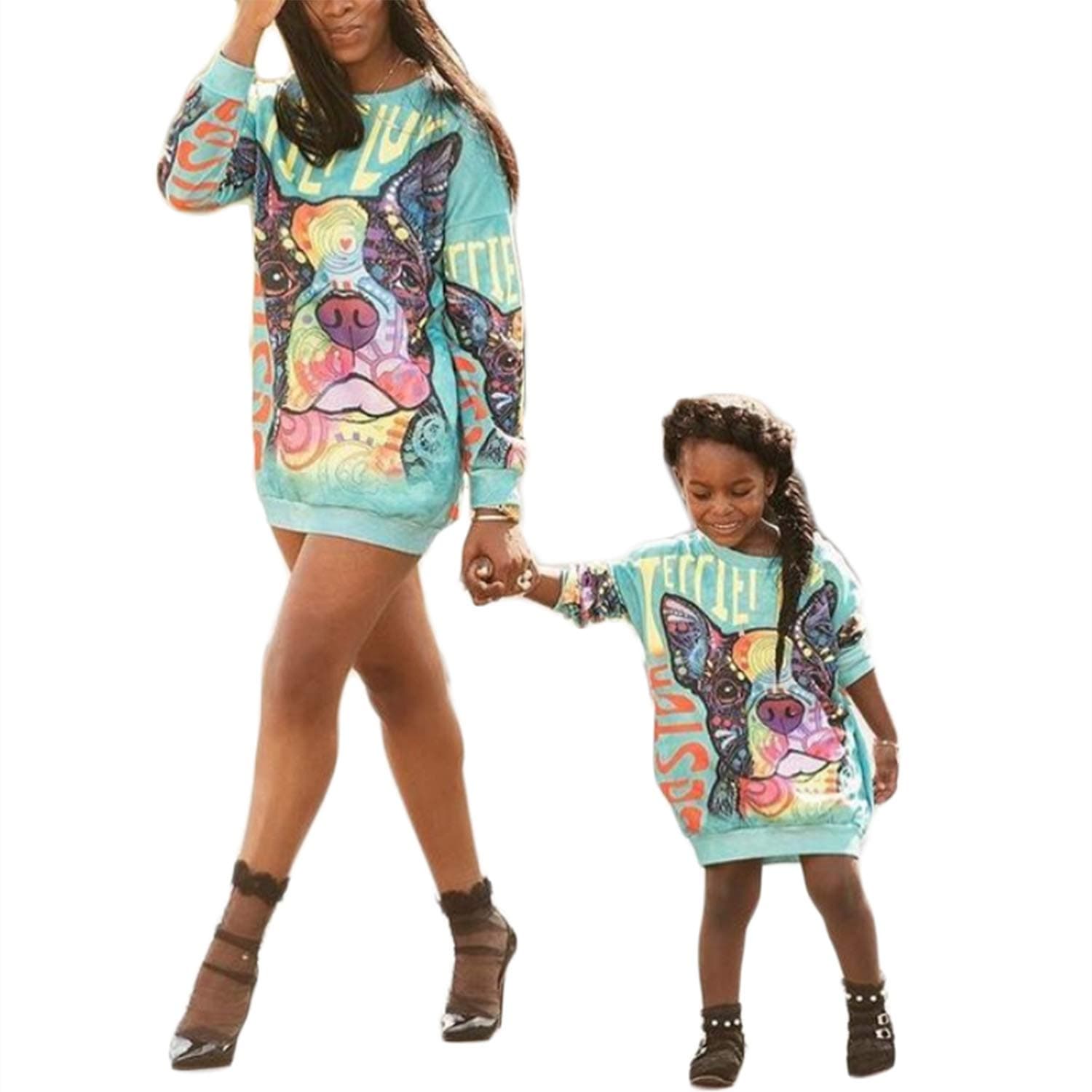 Mommy and Me Matching Cartoon Printed Loose Pullover Shirt Dress Parent-Child Family Long Sleeve Sweatshirt Outfits (Women, L)