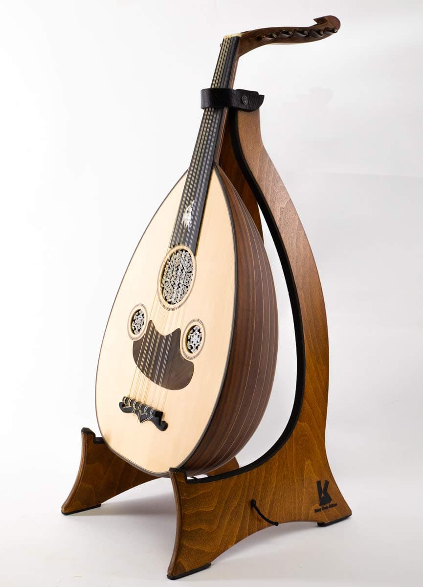 Foldable Wooden Oud Stand made of Dark Walnut Wood - With safety strap & padded edges