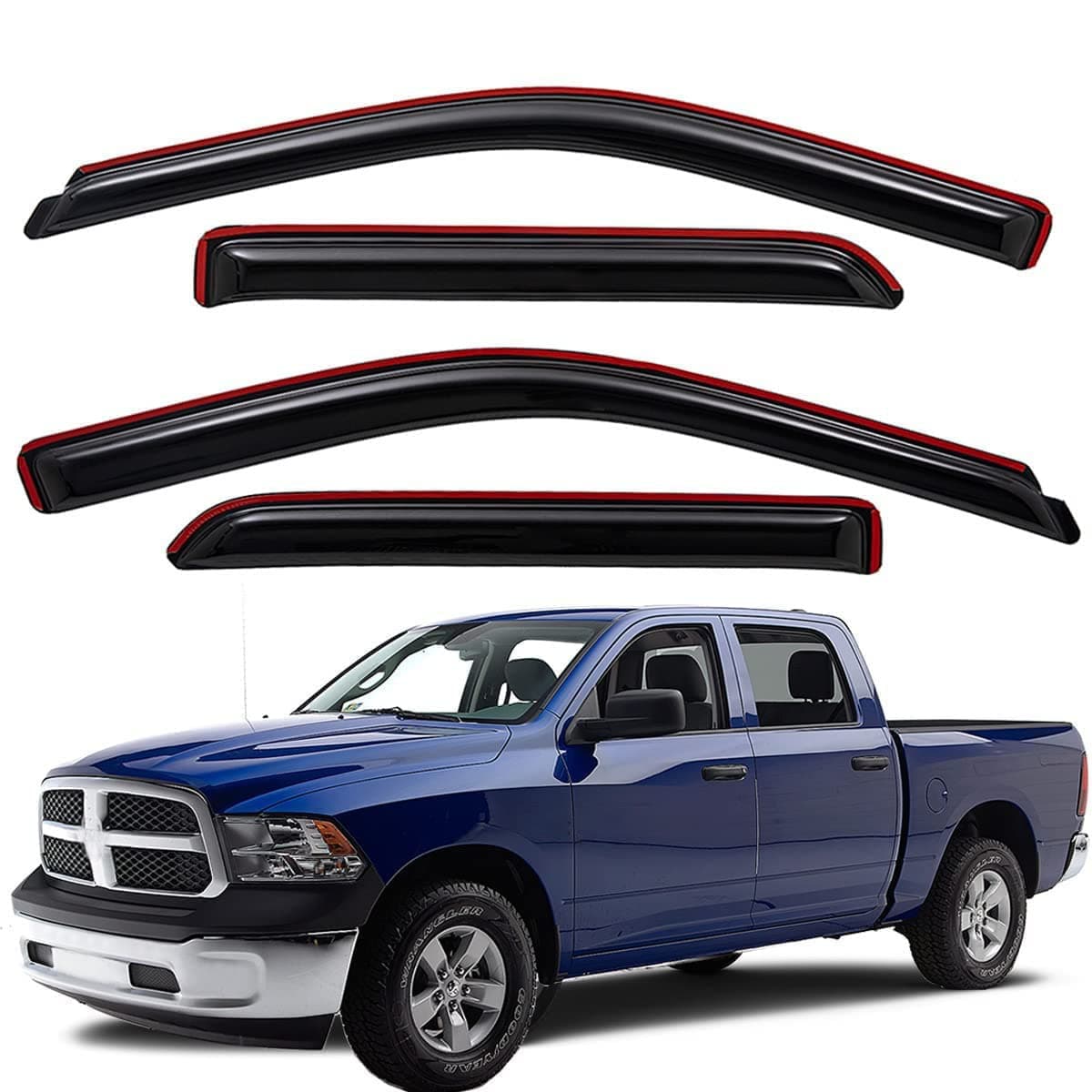 WV194109 Extra Durable In-Channel Wind Deflector Visor Rain Guard, Fit 2009-2018 Dodge Ram 1500 Crew Cab, 2010-2025 Ram 2500 & 3500 Crew & Mega Cab, 2019-2024 Ram 1500 Classic Crew Cab, Smoke, 4-Pcs
