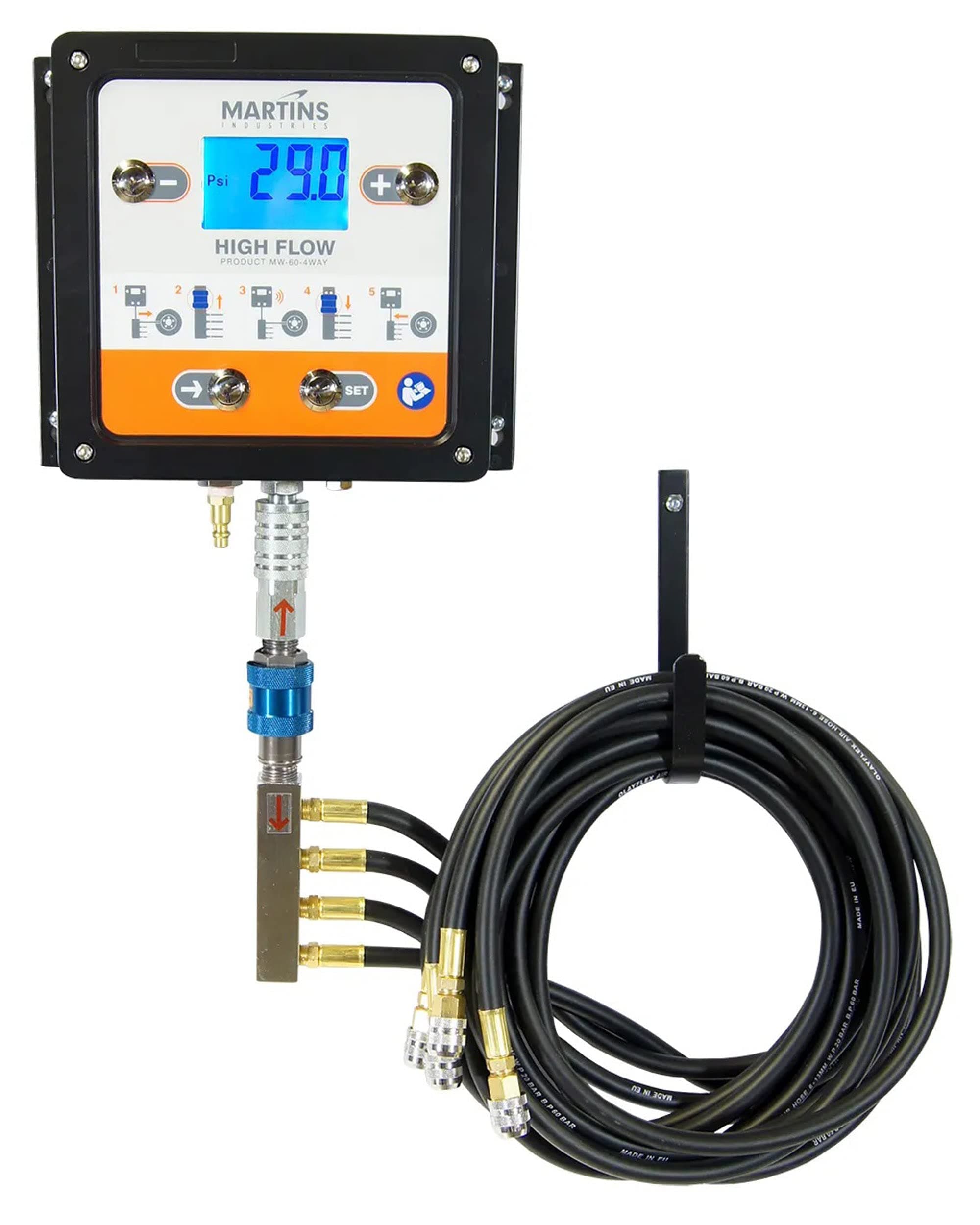 MARTINS 4 Outlets Automatic Tire Inflator/Deflator, 145 psi, 4 air hoses of 8’, Inflate or deflate up to 4 tires simultaneously and automatically. Orange.