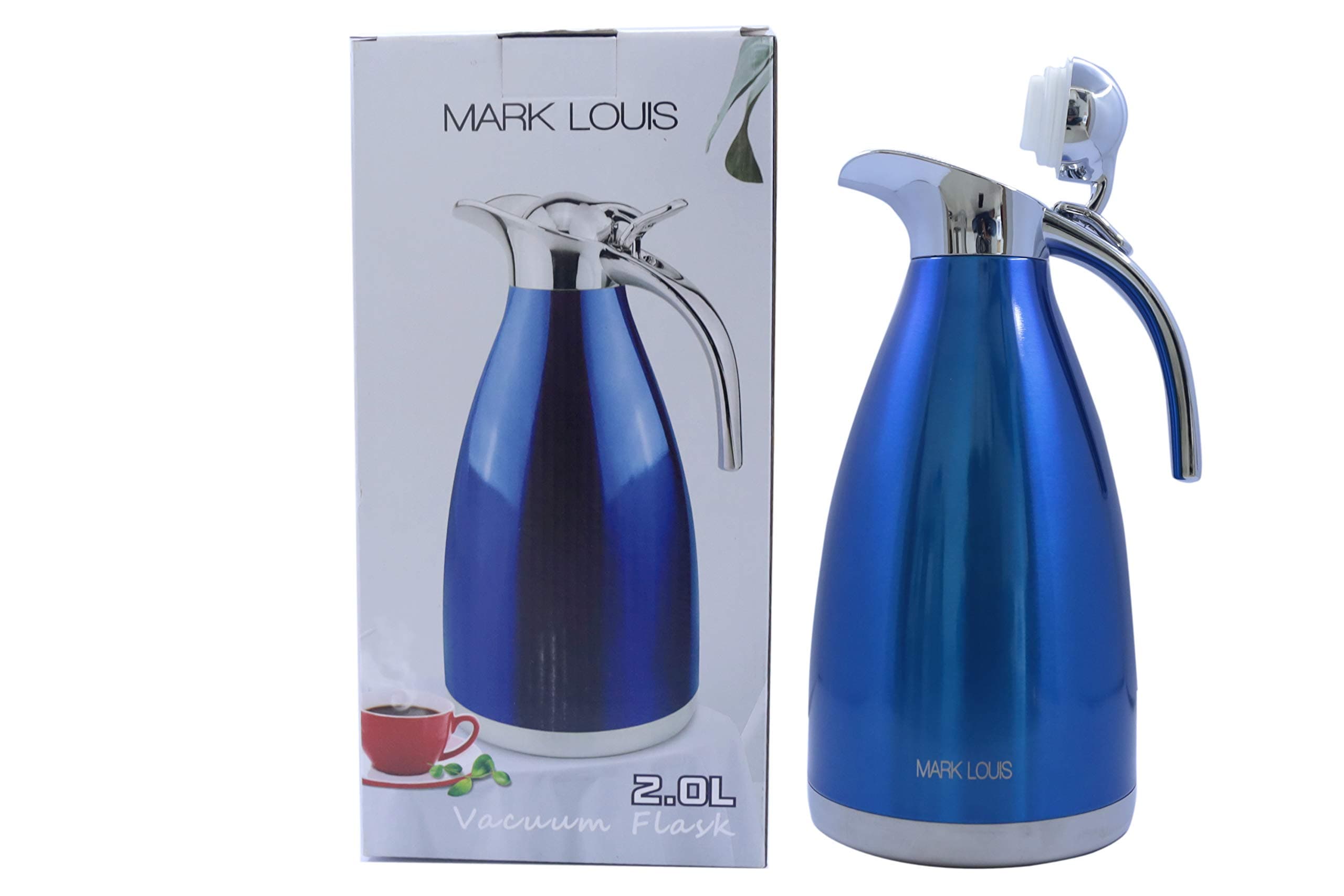 Mark Louis 2 Litre (2000 ml) Thermos Steel Carafe Flask, 8-12 hr hot and Cold Water Bottle (Blue)