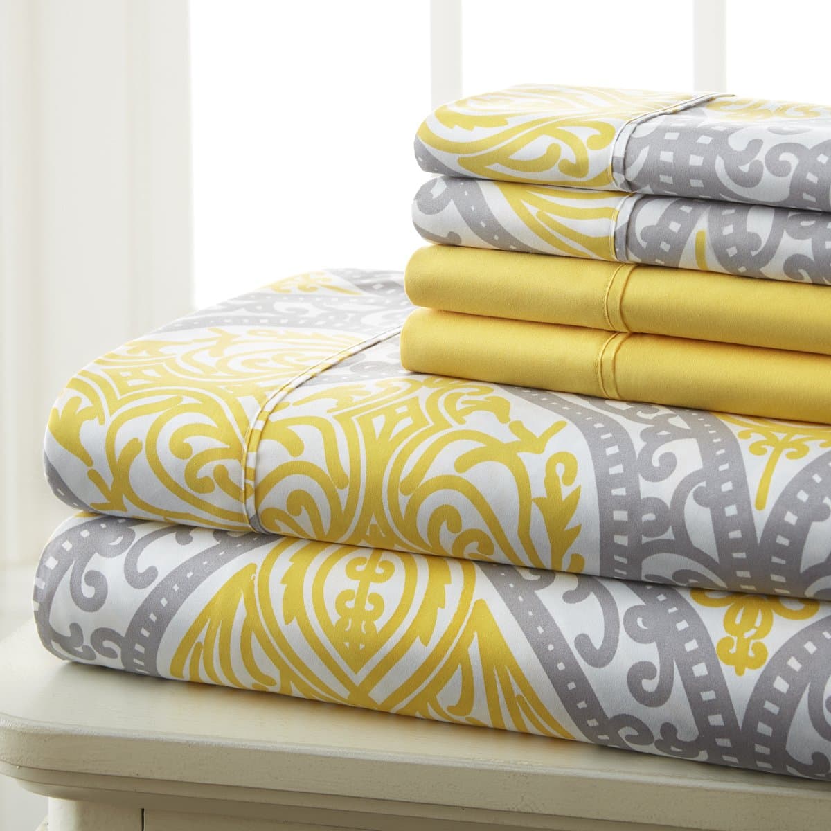 SL Spirit Linen Home EST. 1988 - Full Sheets, Super Soft Prestige Microfiber Bedding Set, Lightweight Home Decor & Ideal for All Seasons, Full, Grey/Yellow Medallion