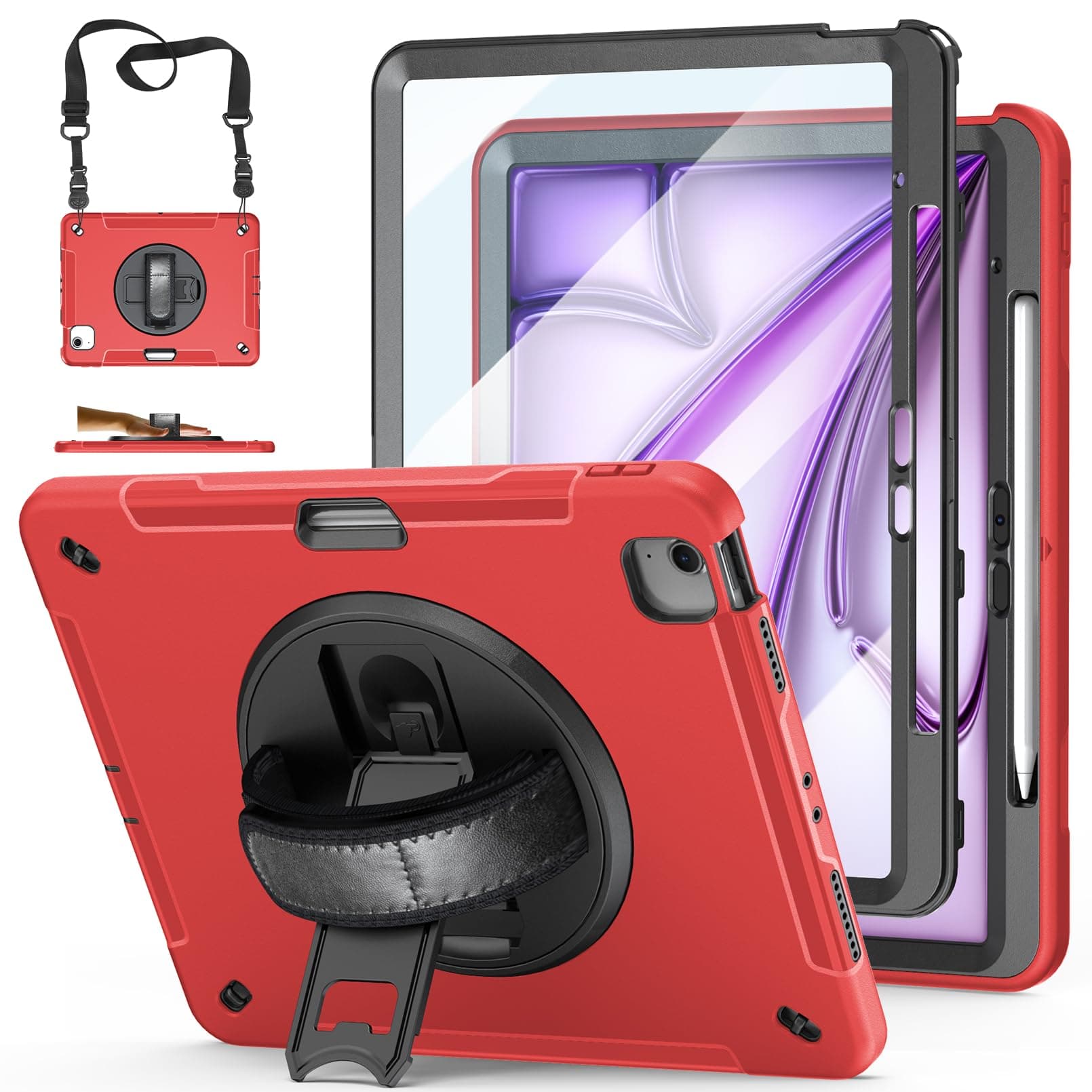 Case for iPad Air 13 Inch M3/M2 (2025/2024): TPU Shockproof Case with Screen Protector - Stand - Handle - Shoulder Strap - Pen Holder-Red