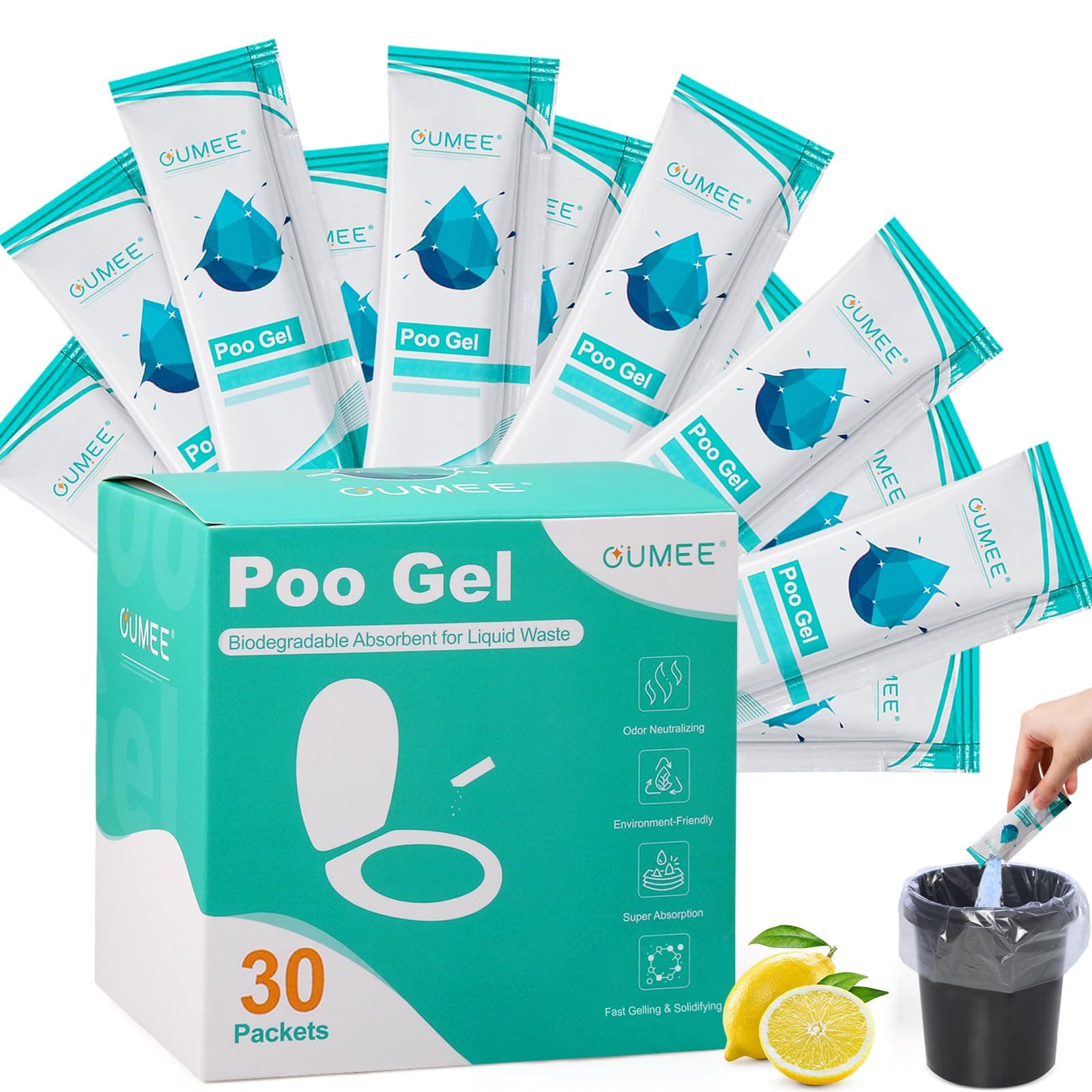 OUMEE 30 Packets Poo Gel for Portable Toilet, Camping Toilet Powder for Potty Bags, Eco Absorbent Gel, Portable Toilet Gel Packets for Outdoor Recreation Camping Supplies