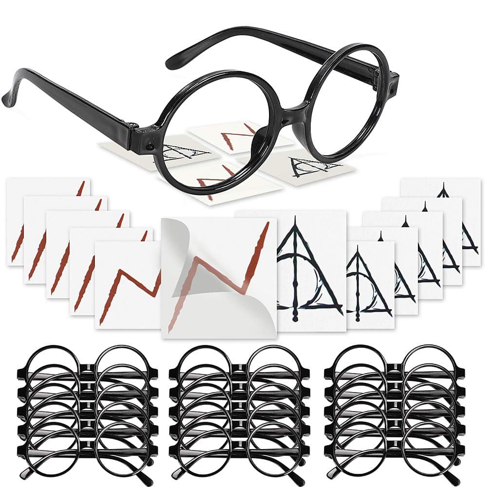 Harry Potter Glasses with Round Frame No Lenses and Lightning Bolt Tattoos Deathly Hallows Tattoos for Kids Wizard, Each of 16 PCs