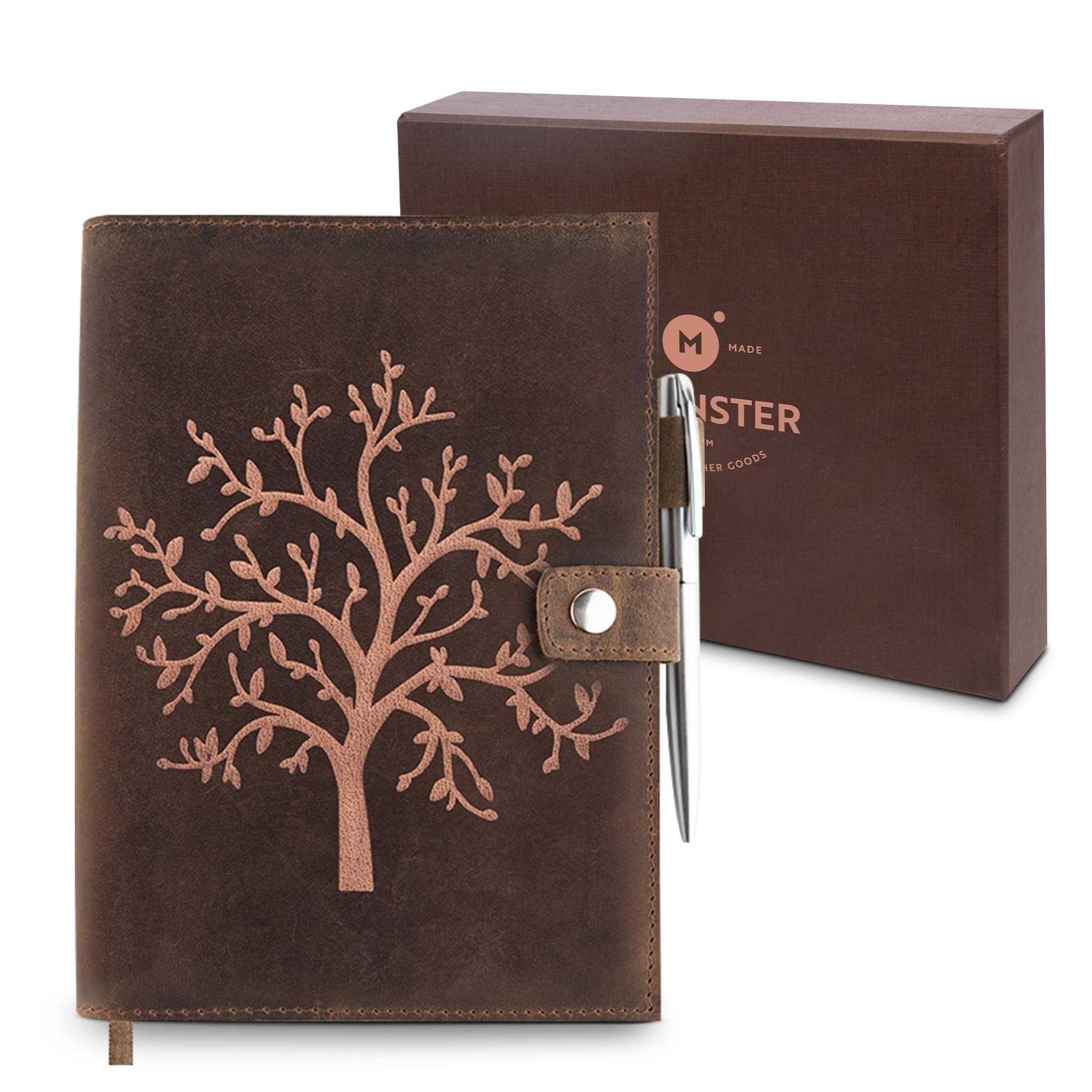 moonster Refillable Leather Journal Lined Notebook - Embossed Tree of Life, Handmade Genuine Leather Notebook for Men & Women with Pen Holder – Includes Premium-Milled A5 Lined Paper & Luxury Pen