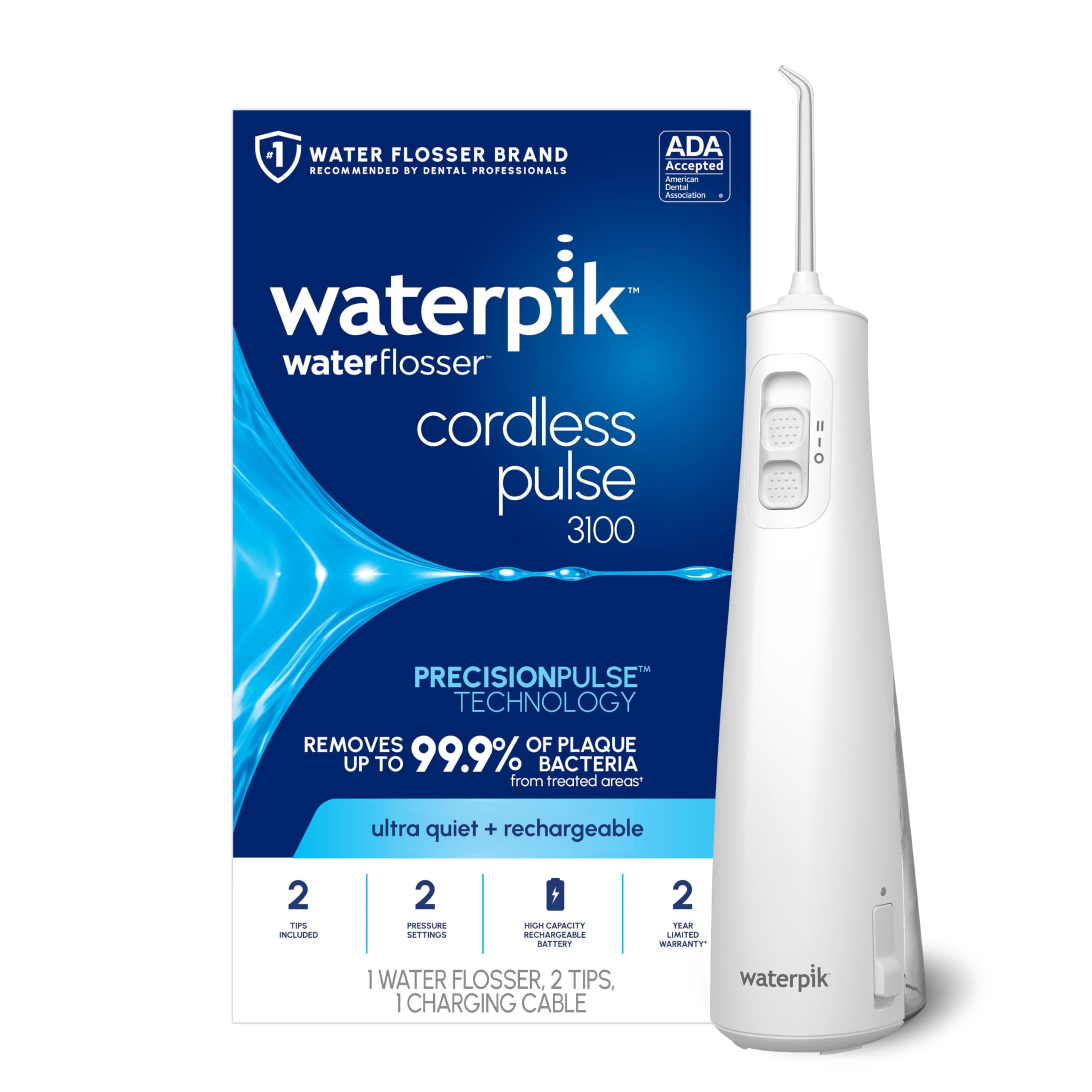 Waterpik Cordless Pulse Rechargeable Portable Water Flosser for Teeth, Gums, Braces Care and Travel with 2 Flossing Tips, Waterproof, ADA Accepted, WF-20 White