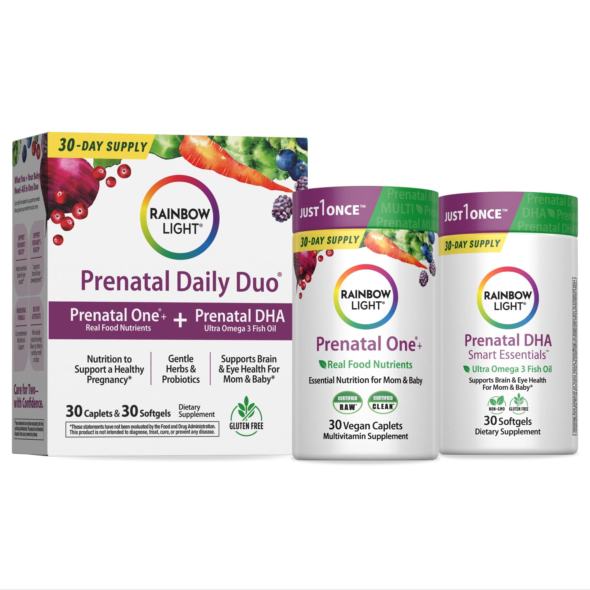 Rainbow Light Prenatal Daily Duo Multivitamin Kit, With Prenatal One Daily Multivitamin and Prenatal DHA Omega-3 Fish Oil for Mom's Health and Baby's Development Support, 30 Count