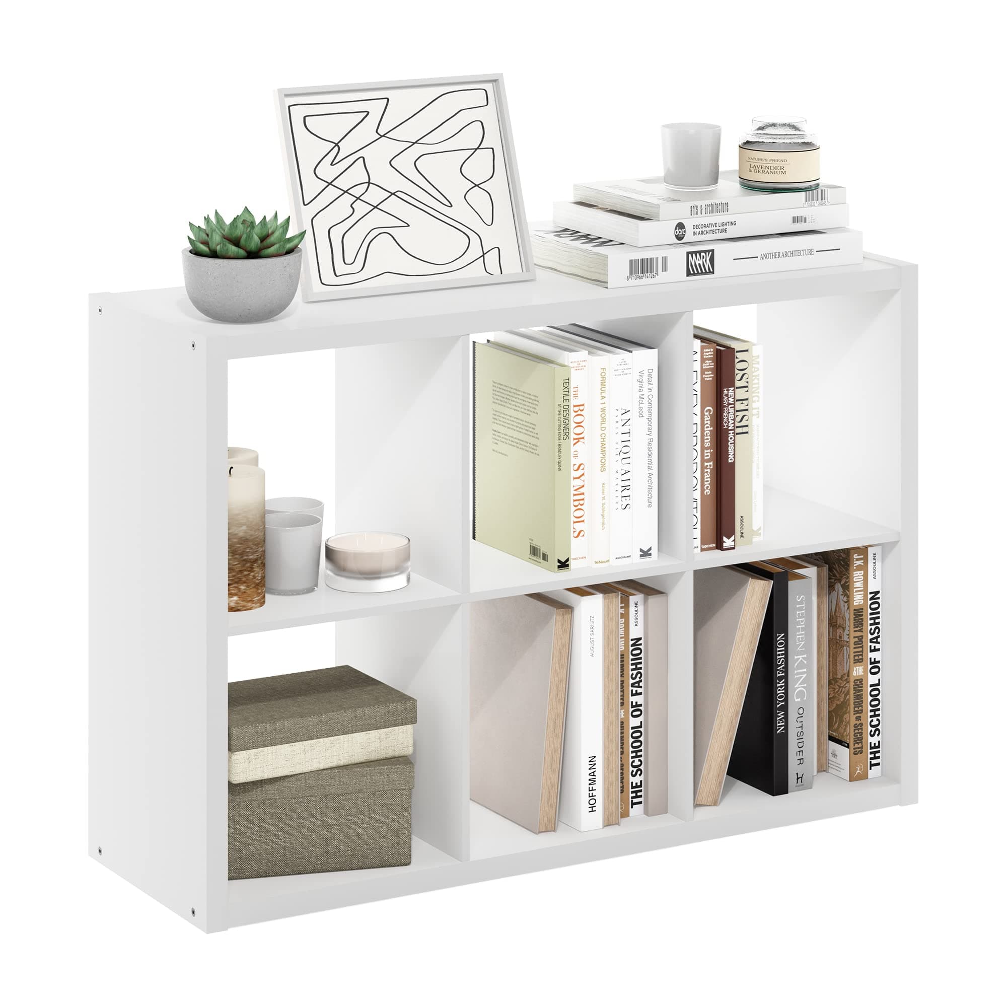 Furinno Cubicle Book Shelf, 6-Cube Bookshelf, Extra Thick Frame Horizontally & Vertically Reversible Bookcase with Open Back, 14.6" x 44" x 30", for Living Room, Bedroom, Home Office, White