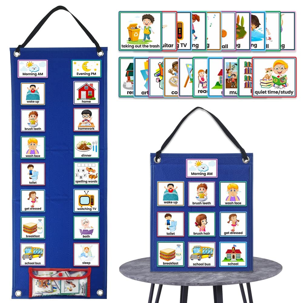 Mewise Visual Schedule Chart for Autism & ADHD Kids - 70 Routine Cards (Morning/Night/Outings) - Durable Felt Board with Storage Pocket - OT Approved Learning Tool for Home & School