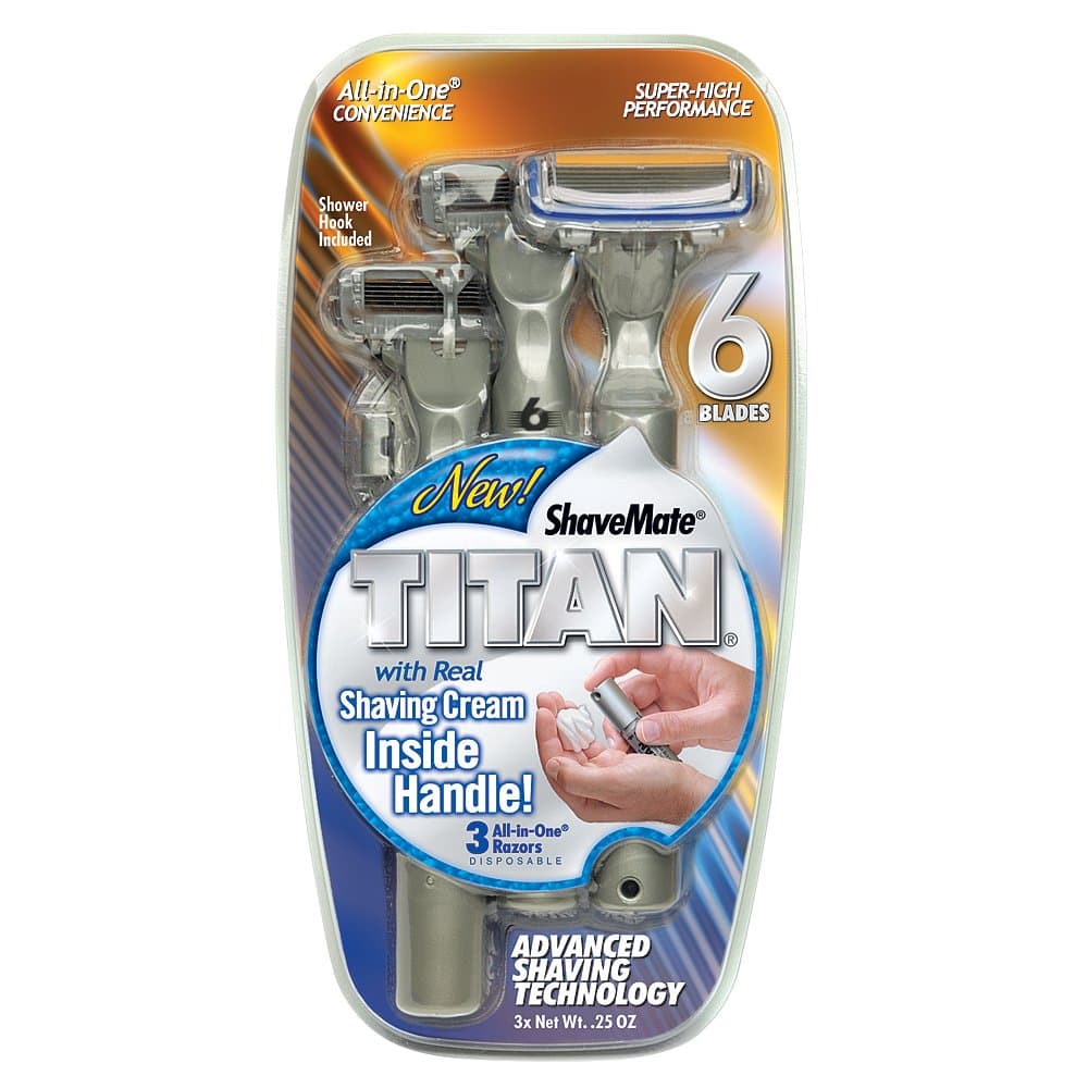 Titan Triple Pack - 6 Blade Razor With Real Shaving Cream Inside The Handle ALL-IN-ONE For Men
