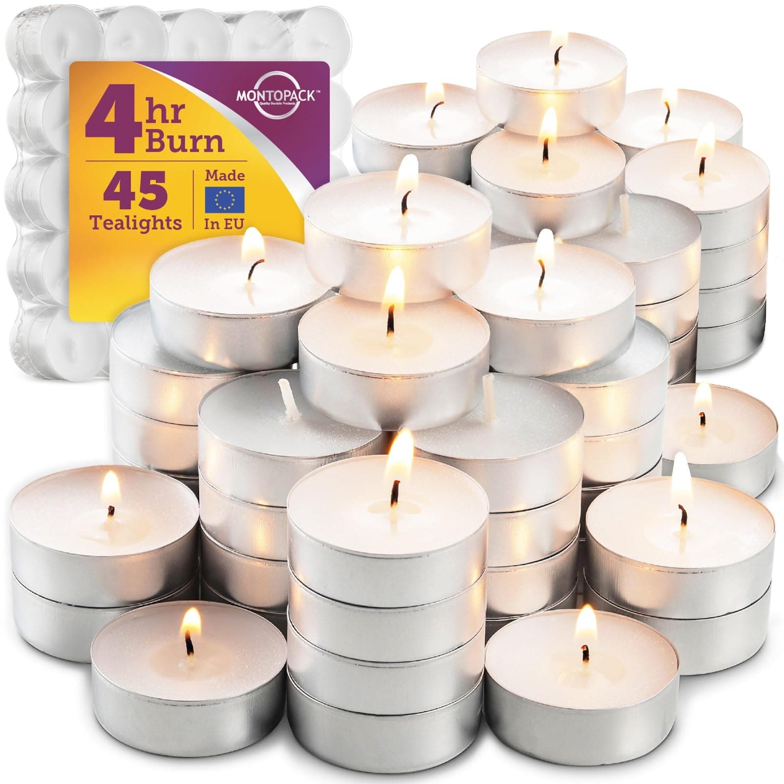 MontoPack Unscented Tea Lights - 45 White, Smokeless & Long Lasting Paraffin Tealights for Home, Pool, Shabbat, Weddings & Emergencies