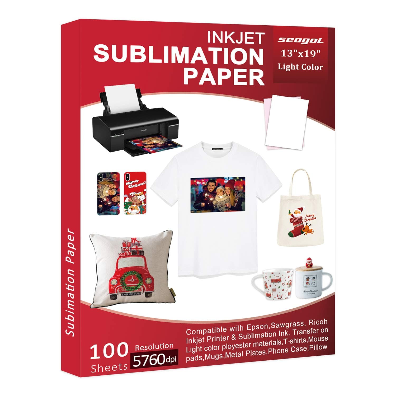 Sublimation Paper 13 x 19 Inches 100 Sheets 125gsm, for Inkjet Printer with Sublimation Ink Epson, Sawgrass, Ricoch, Heat Transfer Sublimation for Mugs T-shirts Light Fabric
