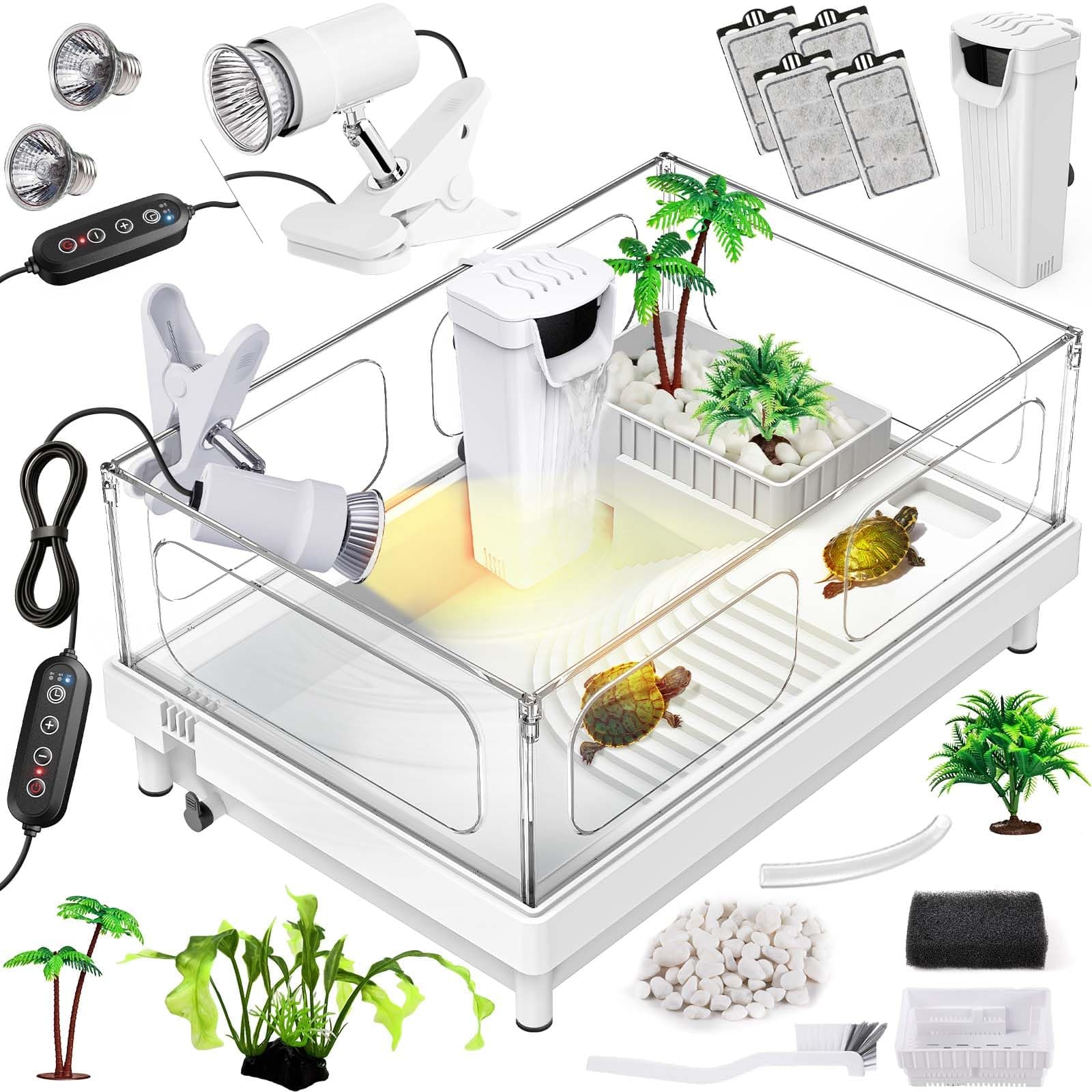 Small Turtle Tank Kit(Tank+Light+Filter), Acrylic Turtle Tank Starter Kit with Bask Platform, Bottom Drain, Multi-Function Area for Small Reptiles.(White)