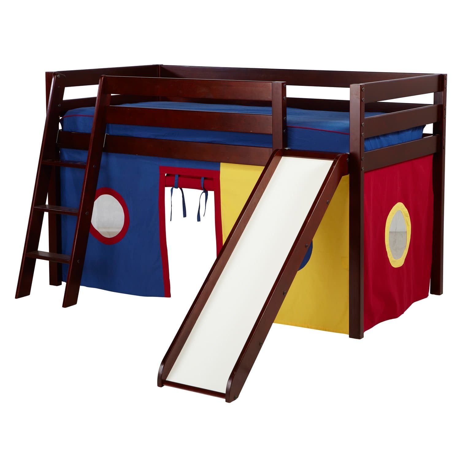 Jackpot! Essentials Low Loft Play Bed with Slide, Angled Ladder,and Blue/Red/Yellow Curtains, Cherry Finish