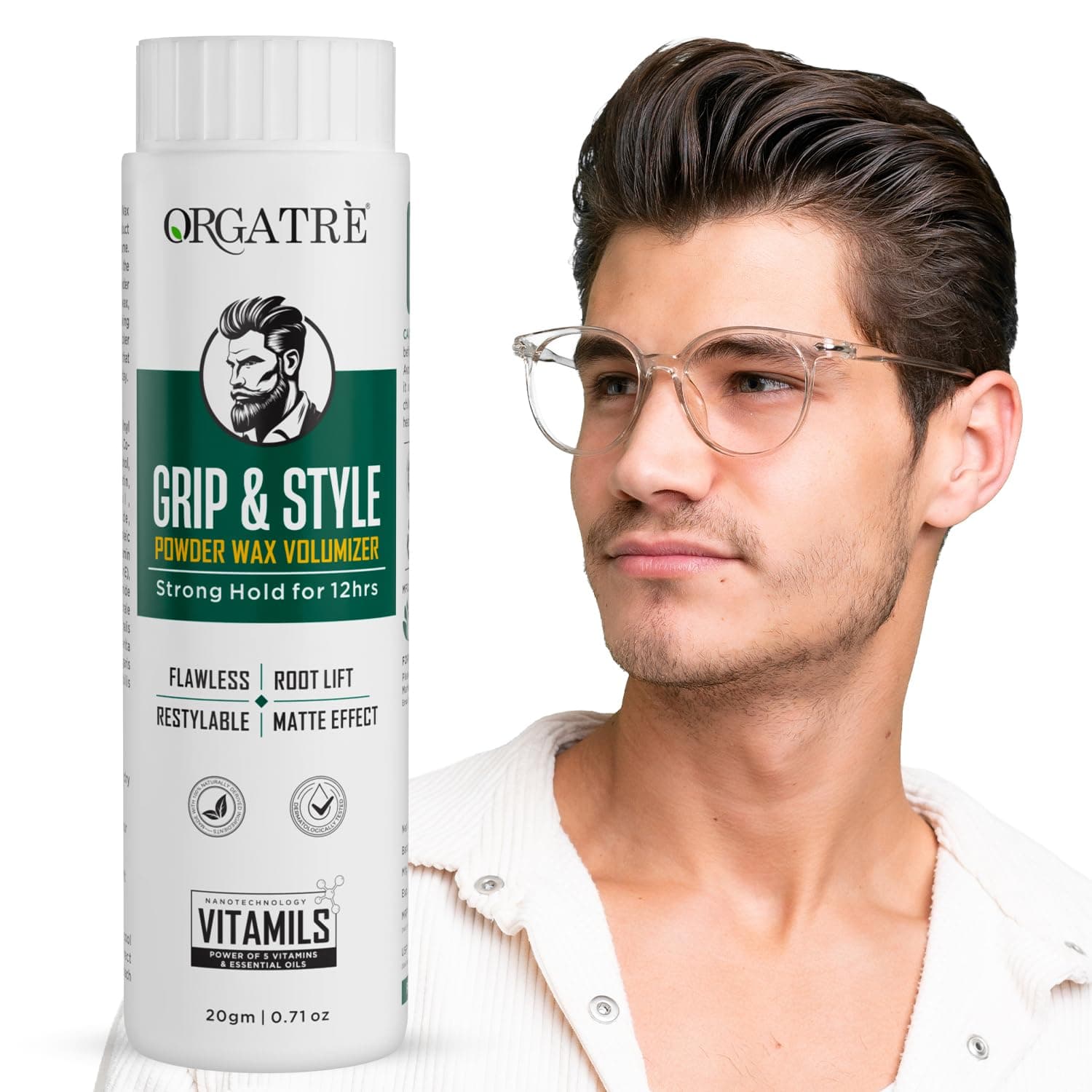 - ORGATRE Grip & Style Hair Volumizing Powder | Strong Hold up to 12 Hrs | Matte Finish Hair Wax Powder for Men | Safe Hair Fiber Powder Wax | Hair Styling Powder for Men | 20 gm (Pack of 1)