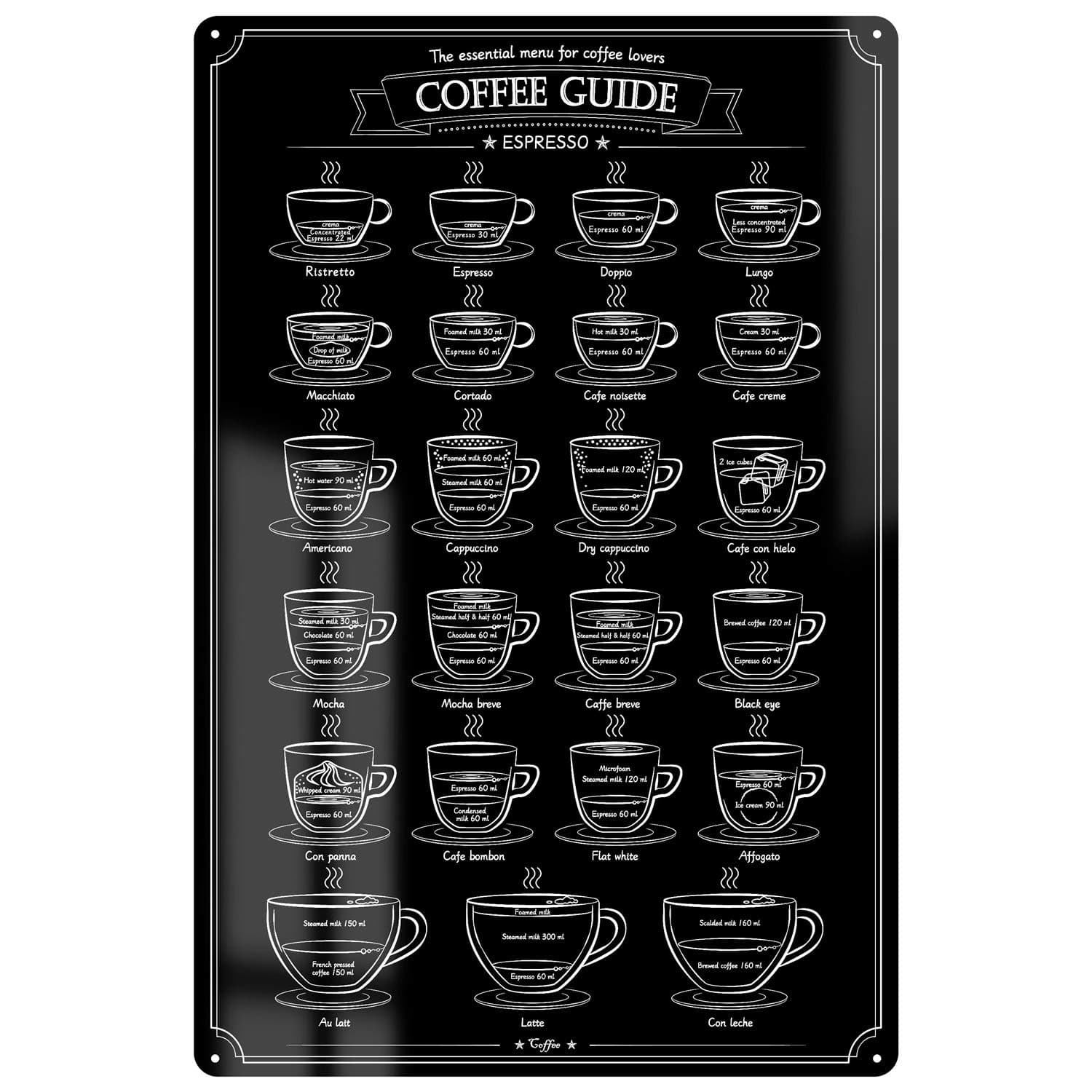 WEROUTE Large Metal Espresso Menu Tin Sign Retro Coffee Lovers Guide Bar Pub Poster Rustic Painting for Home Restaurant Kitchen Cafe Diner Coffee Shop 16.5" X12"(A3 Size)