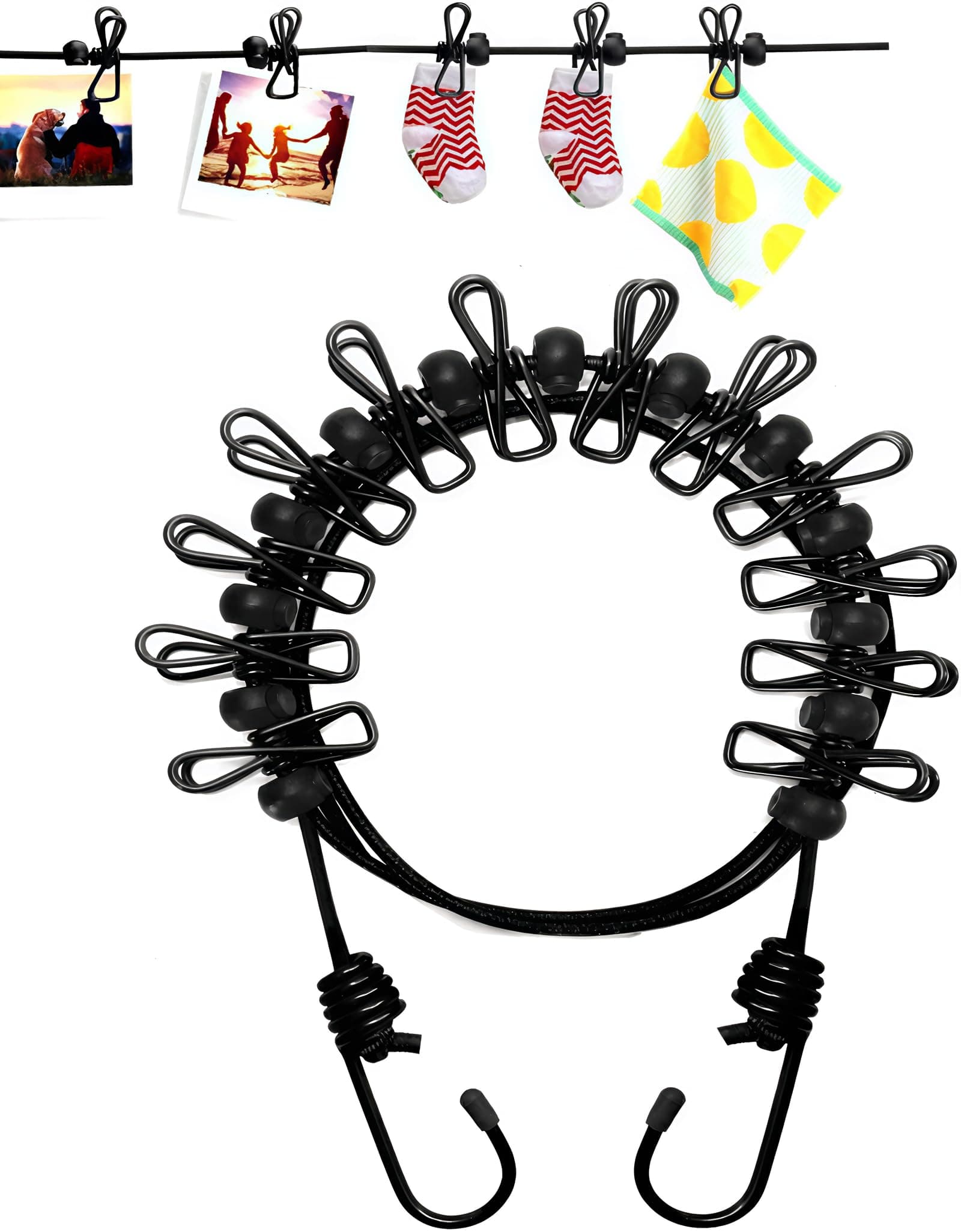 1 Pack Portable Clothesline with 12 Clothespins, Travel Clothesline Stretchy Retractable Elastic Laundry Clothes Line for Backyard, Vacation Hotel, Balcony Clothes Drying Line (Black)