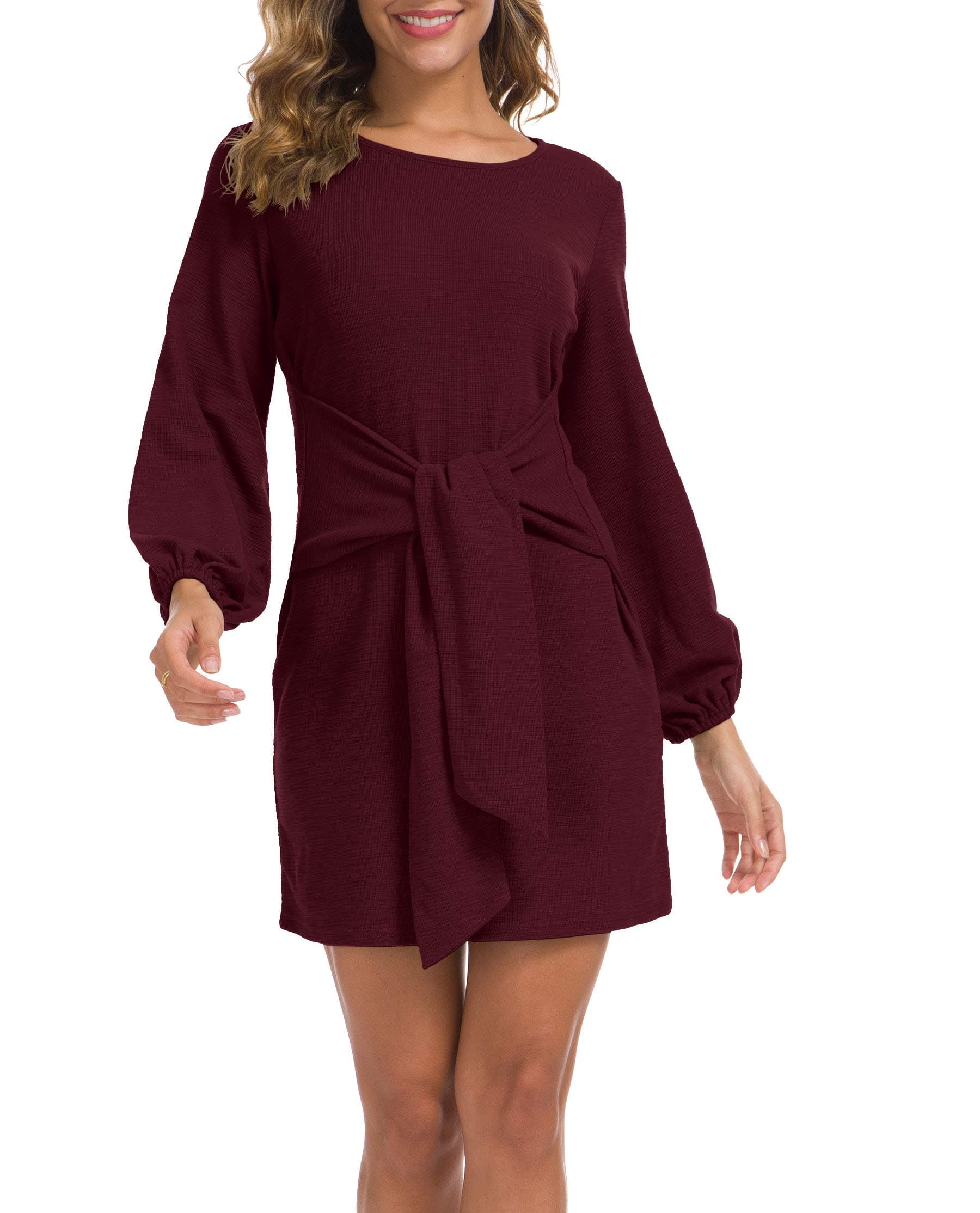 Women's Elegant Long Sleeve Dress Casual Tie Waist Sweater Dresses Wine Red Large