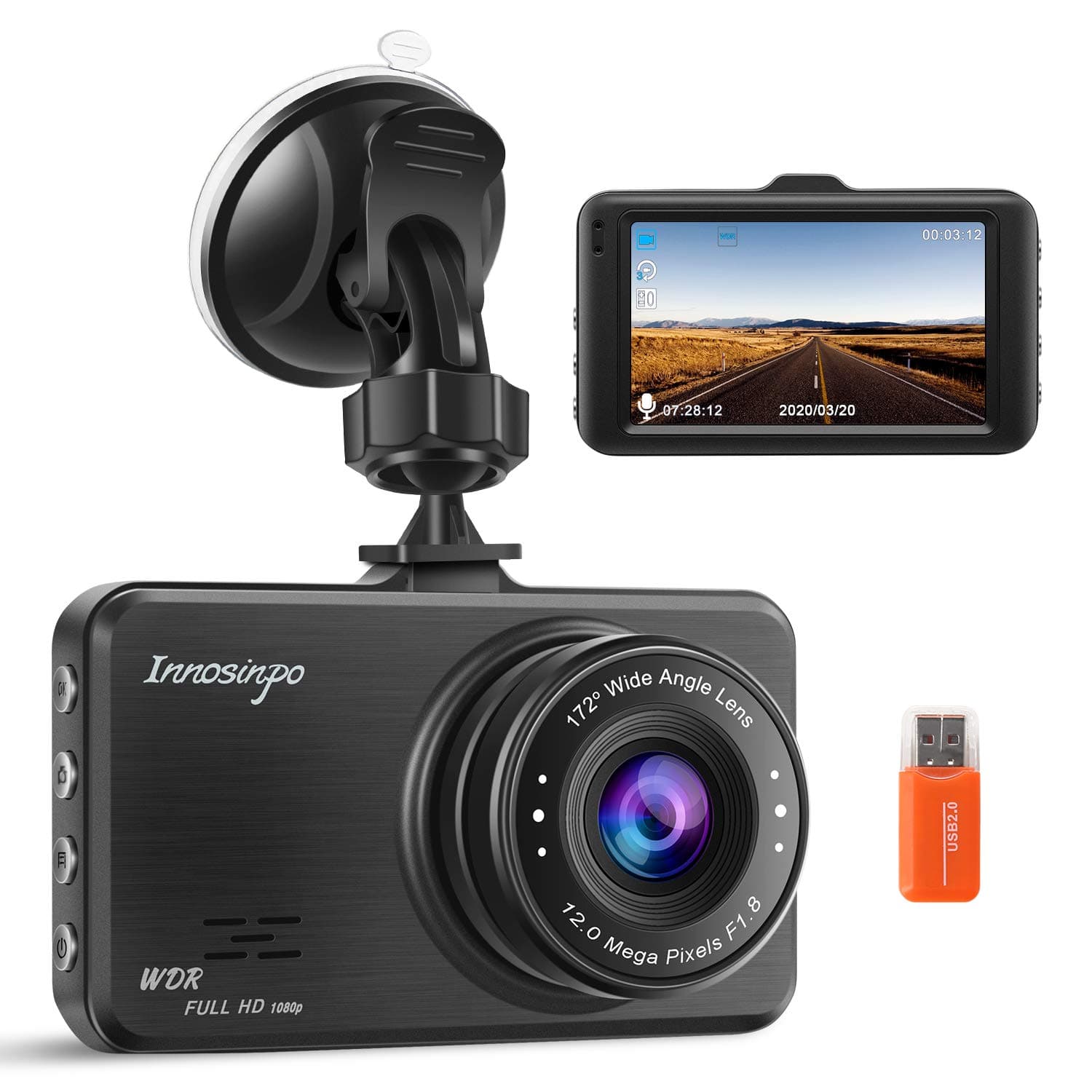 Dash Cam,Innosinpo 1080P 3" FHD DVR Dashcam for Car Dashboard Camera with 170 Degree Wide Angle WDR G-Sensor Loop Recording and Motion Detection