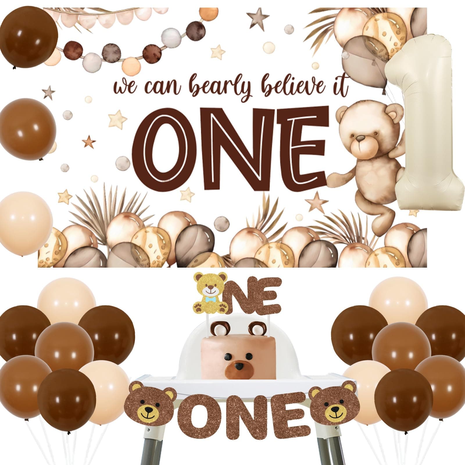Sursurprise Bear 1st Birthday Decorations Bear Backdrop Brown Balloons High Chair Banner Cake Topper for Boys Beary First Birthday Party Supplies