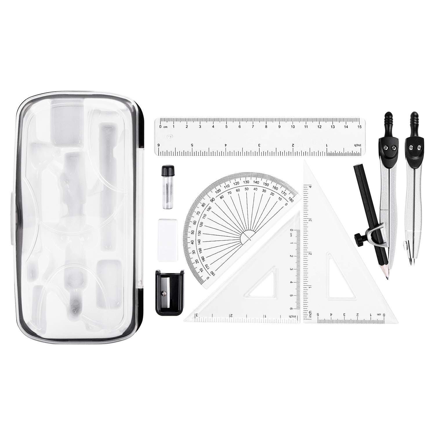 Amazon Basics 10-Piece Math Kit - Includes Compasses, Graphite, Eraser, Sharpener, Protractor, Triangles, Ruler, and Carrying Box