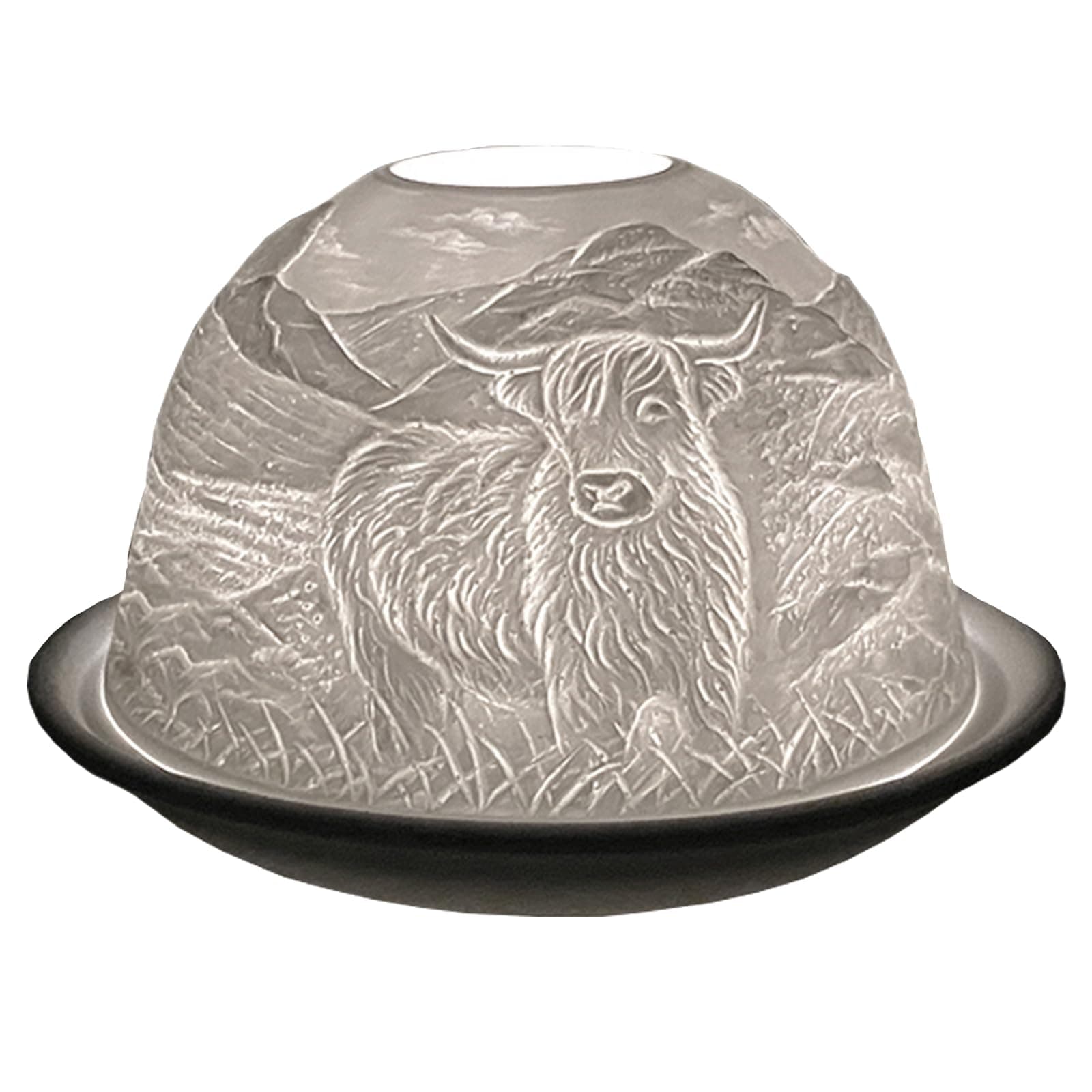 Cello Porcelain Tealight Holder Dome, Highland Cow Design, A Candle Holder Projecting a 3D Loving Image. Highland Cow Ornaments - Use With Tealights or LED lights - Highland Cow Gifts ., White