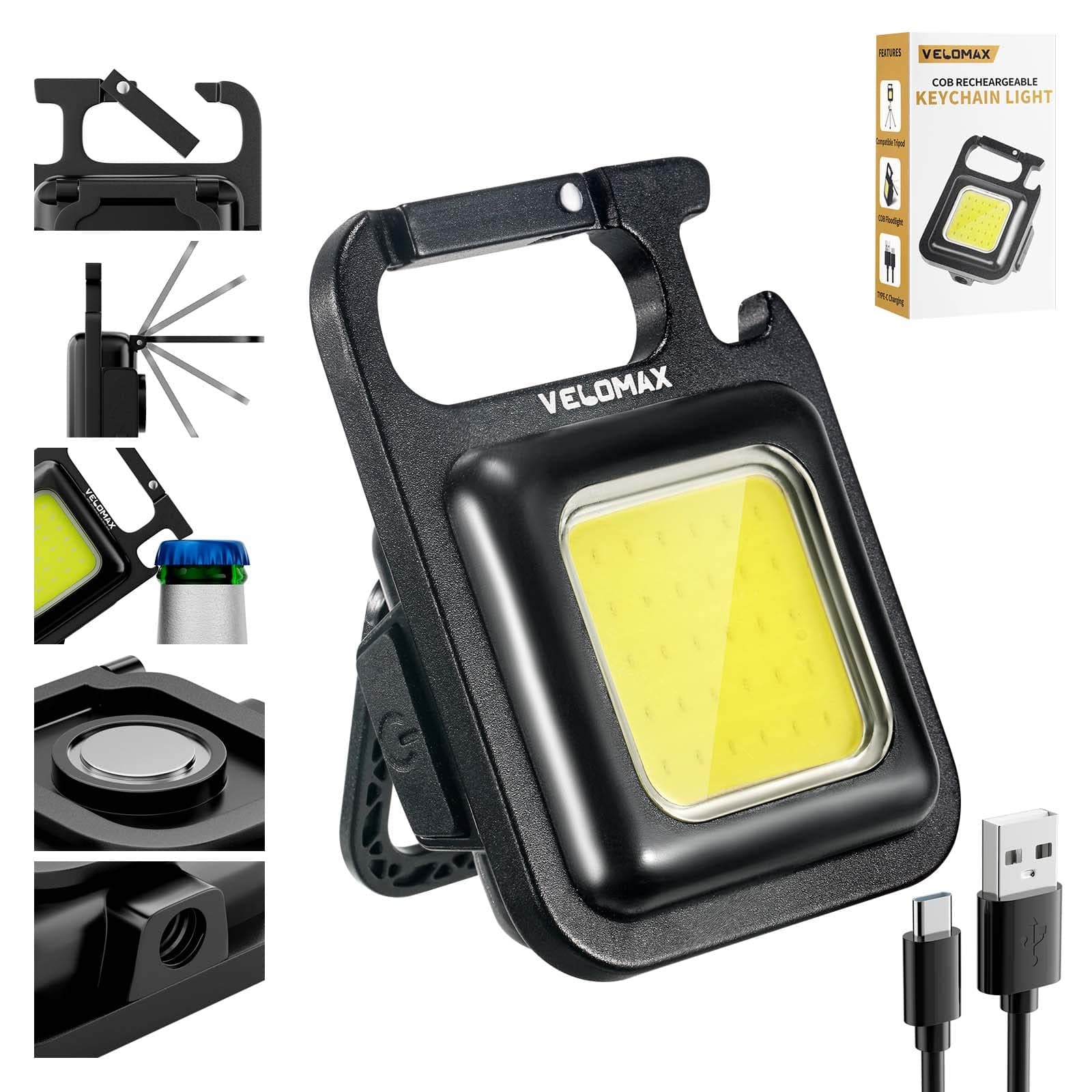 VELOMAX Keychain Led Light 4 Hours Battery Life With Bottle Opener, Magnetic Base And Folding Bracket Mini Cob 800 Lumens Rechargeable Emergency Light (Square With 4 Modes), 800 Lumen
