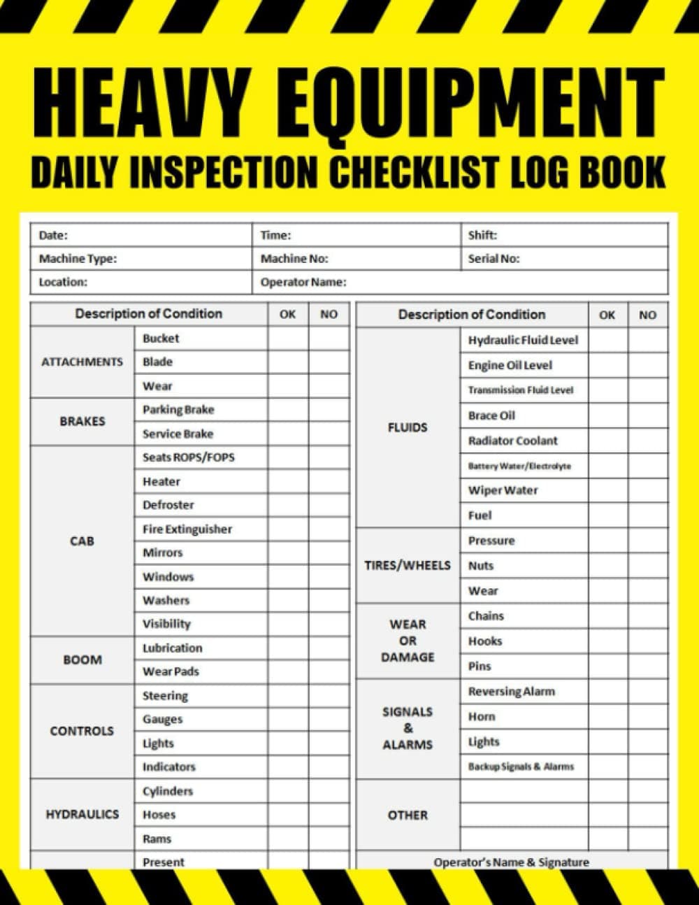 Heavy Equipment Daily Inspection Checklist Log Book: Heavy Equipment Inspection and Maintenance Operations Log Book, Heavy Equipment Pre-Use Inspection Checklist, 100 Pages, Large Print 8.5 x 11 in