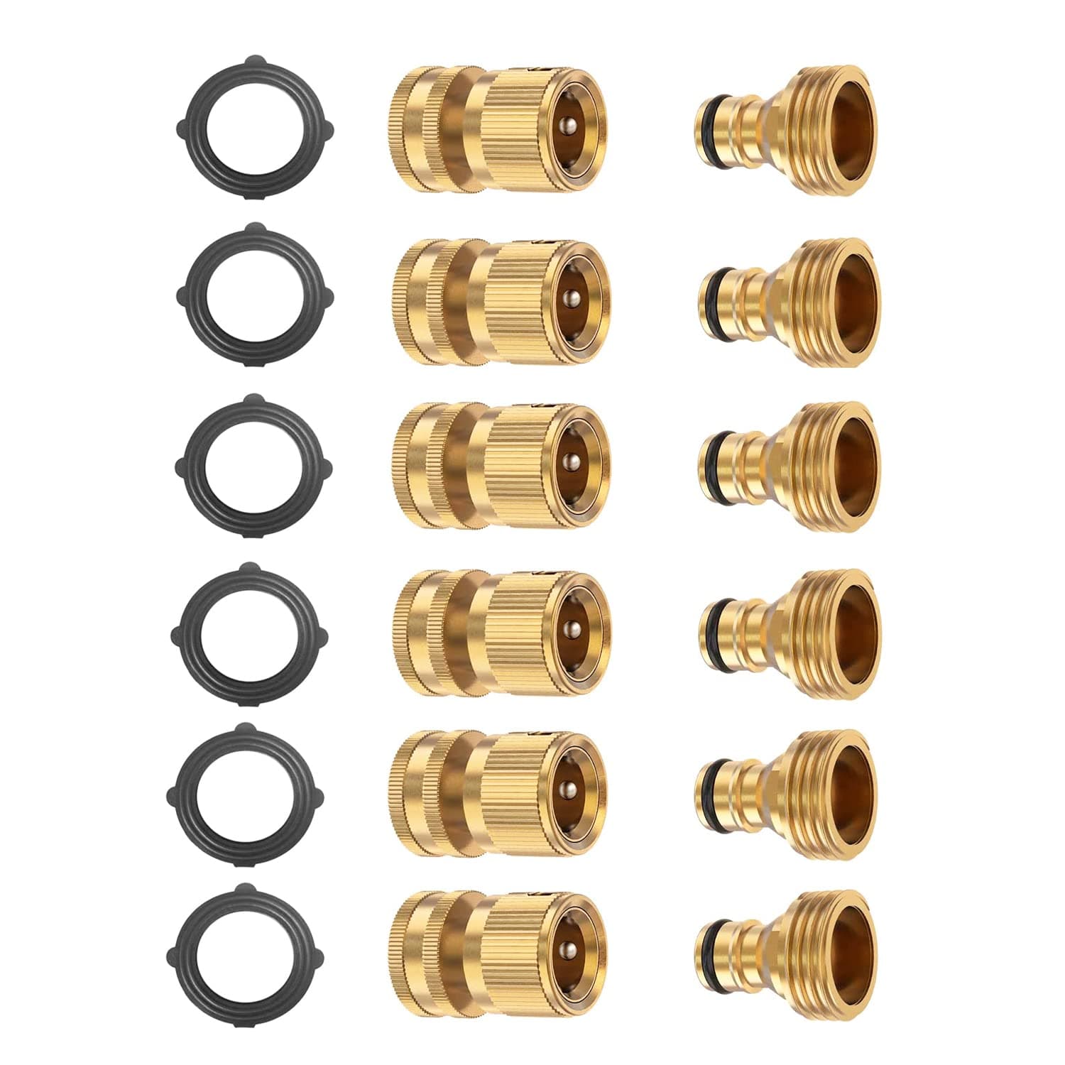 BoArt Garden Hose Quick Connector Set, Solid Brass 3/4 Inch Water Fitings Thread Easy Connect No-Leak Male Female 6 Sets