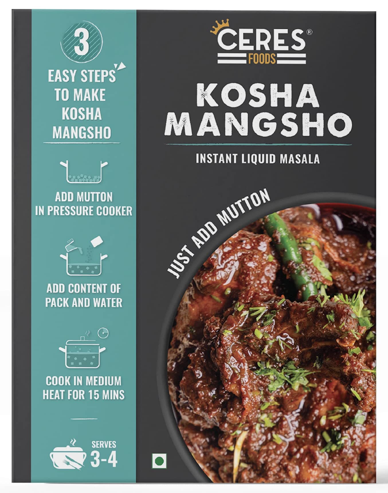 Ceres Foods kolkata Kosha Mutton Instant Liquid Masala | Mutton cooking paste | Curry Paste | Curry Mix | Shipped Fresh | Ceres Foods Kosha Mangsho Ready to Cook Gravy |Kosha Mangsho Paste | Masala| Bengali Recipe | Bengali Masala | Kosha Masala | Mutton Masala | Meat Masala | Chicken Masala | Easy to cook | 3 steps Recipe | Mutton Kosha Gravy | Authentic spices| Ready in 15 Mins | Serves 4 | No Preservatives, Colours or Artificial Flavours | 200g | Just add Mutton