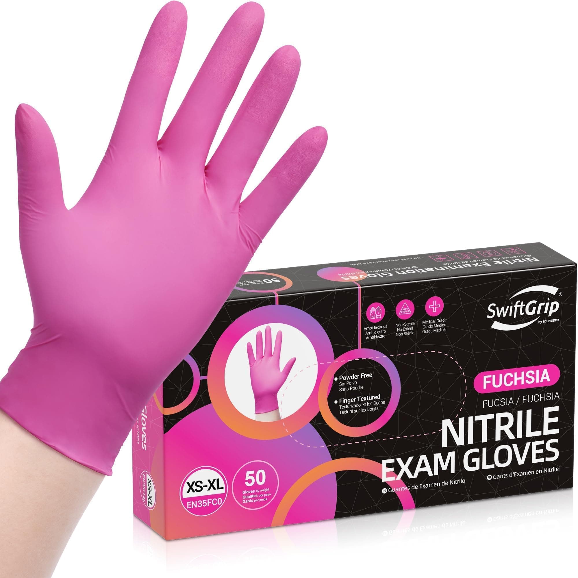 Powder-Free Nitrile Gloves, 3-mil, Disposable Nitrile Gloves, Latex-Free, Powder-Free - Pink/Fuchsia