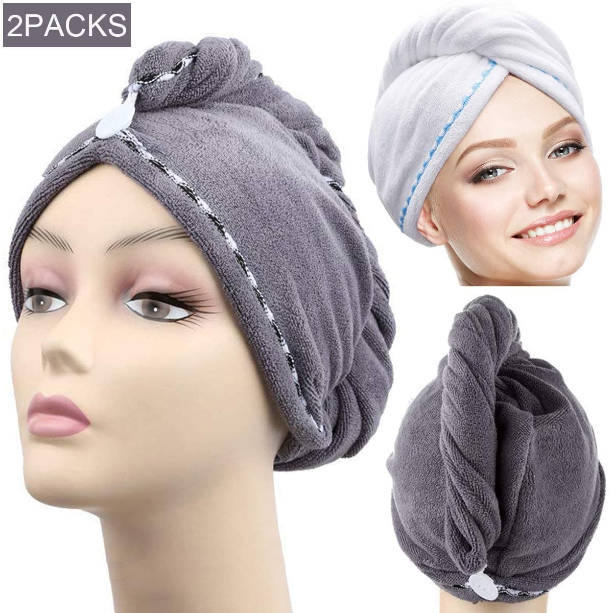 2 Pack Hair Towel Wrap Turban Microfiber Drying Bath Shower Head Towel with Buttons, Quick Magic Dryer, Dry Hair Hat, Wrapped Bath Cap