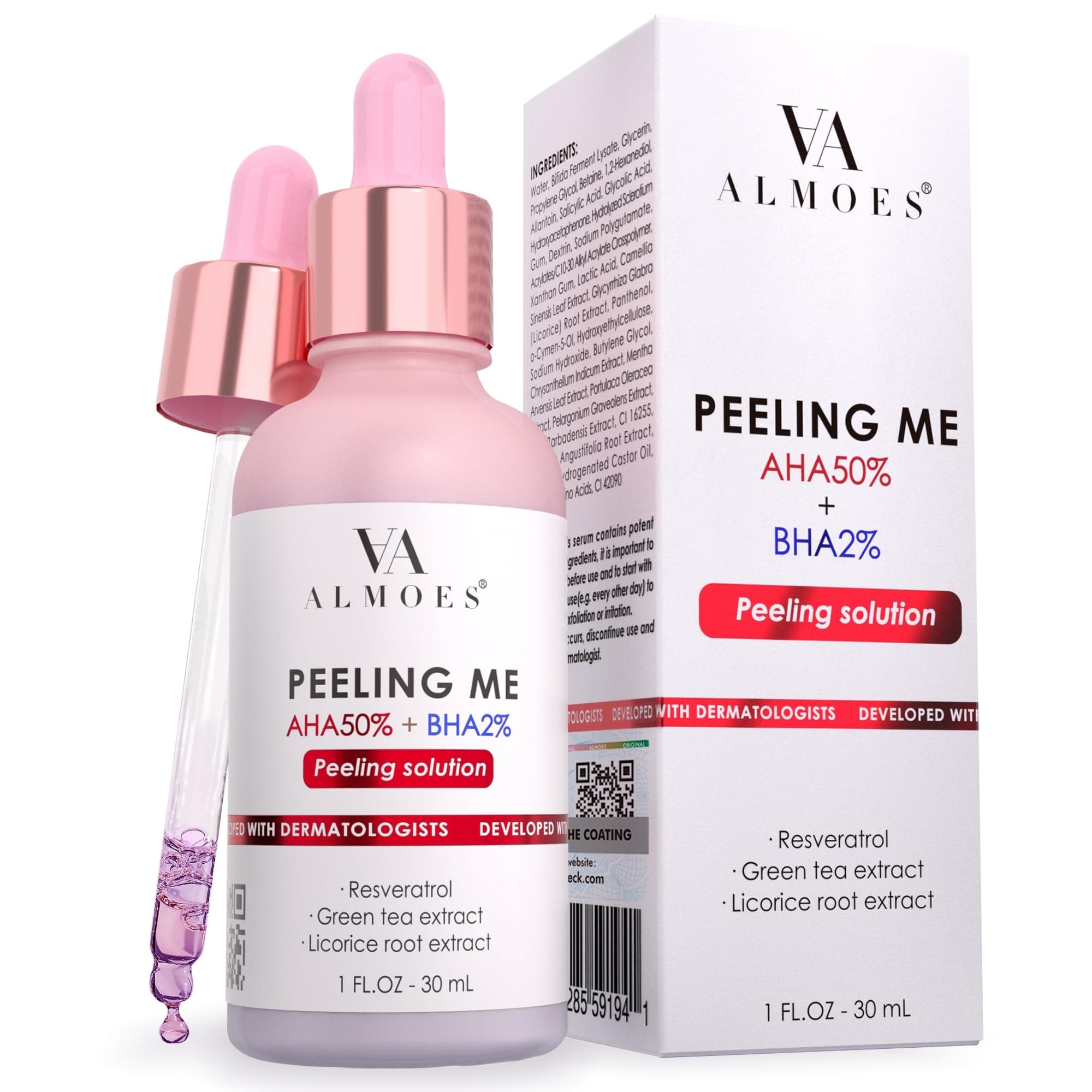 AA almoes ALMOES PEELING ME,Licorice Root,50% AHA 2% BHB,Resveratrol,Green tea extract,skin peeling solution,HELPS for Discoloration and Minimizing Large Pores, Fragrance-Free & Paraben-Free