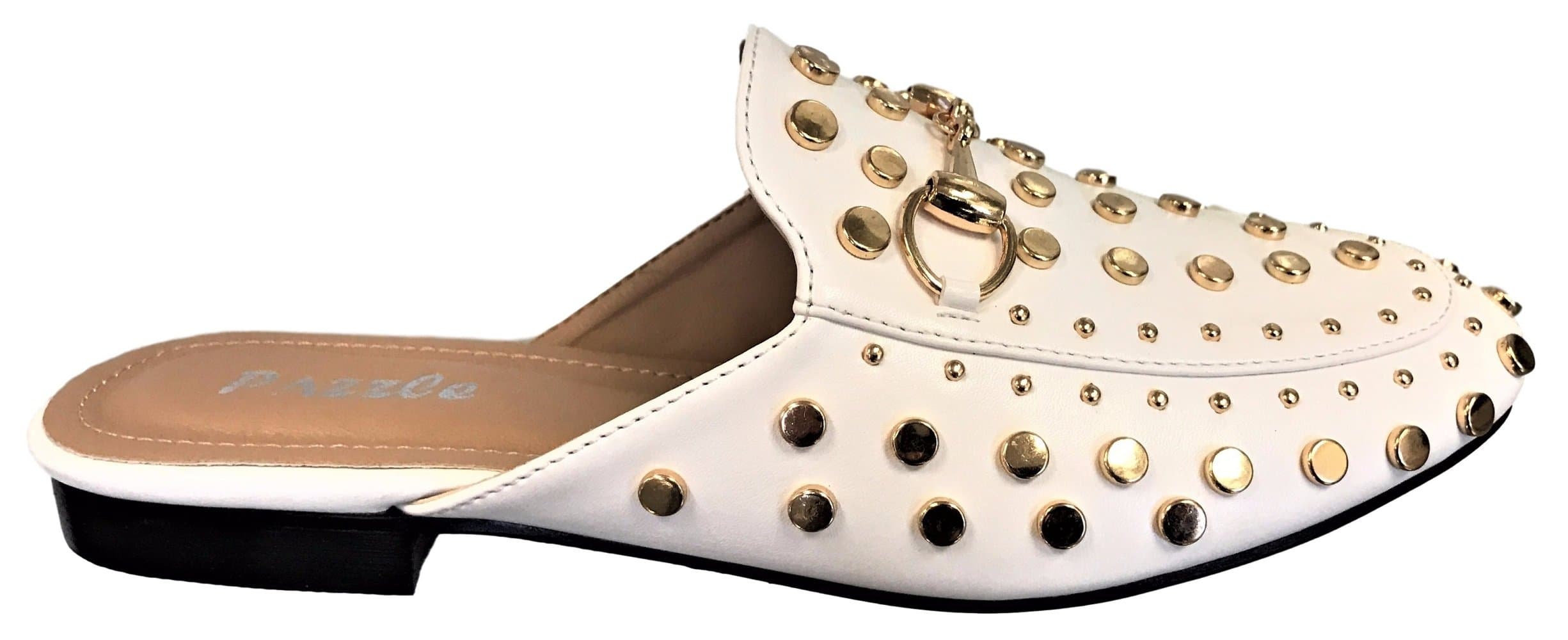 PAZZLE Kandi-05 Women Mule Oxford Slide Slip On Flat Loafer Shoe Spikes Stud White