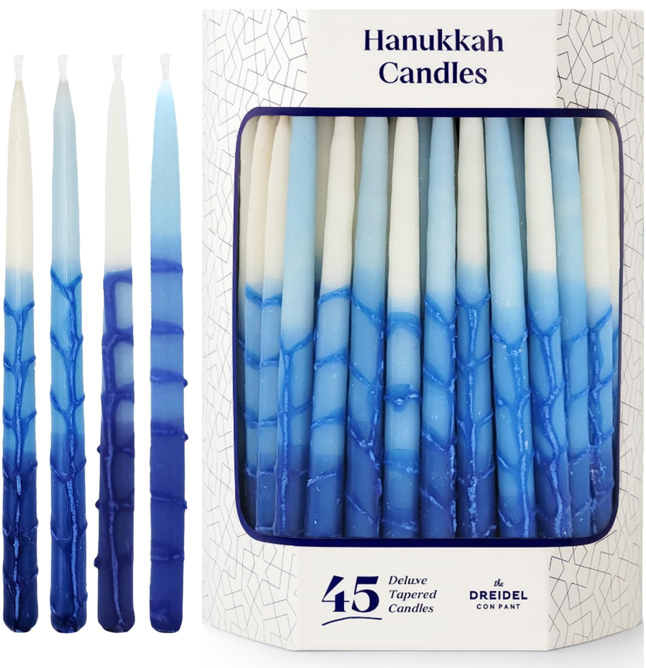 The Dreidel Company Dripless Deluxe Tapered Pastel Blue and White Hanukkah Menorah Candles for All 8 Nights of Chanuka