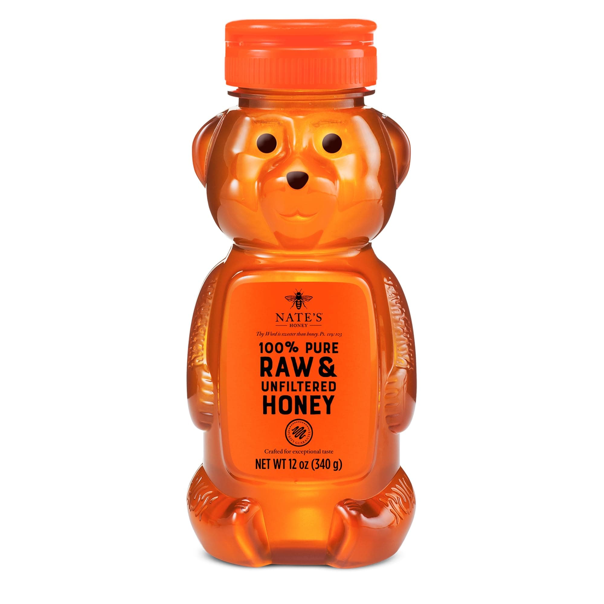 Nature Nate?s 100% Pure Raw & Unfiltered Honey; 12-oz Bear Squeeze Bottle; Certified Gluten Free and OU Kosher Certified; Enjoy Honey?s Balanced Flavors, Wholesome Benefits and Sweet Natural Goodness.