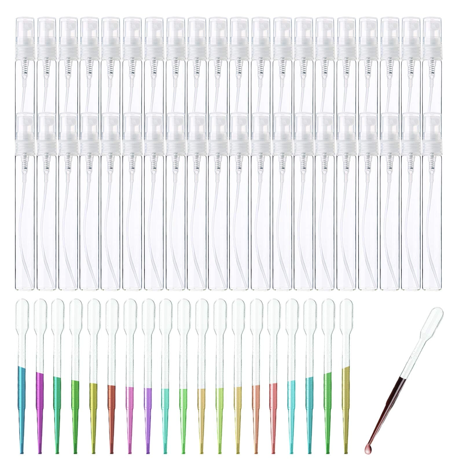 Yopay 80 Pack 10ml Mist Atomizer Glass Spray Perfume Bottles Set, Mini Empty Refillable Clear Glass Perfume Makeup Sprayer Tubes Containers for Travel Party (Including 60 Bottles and 20 Droppers)