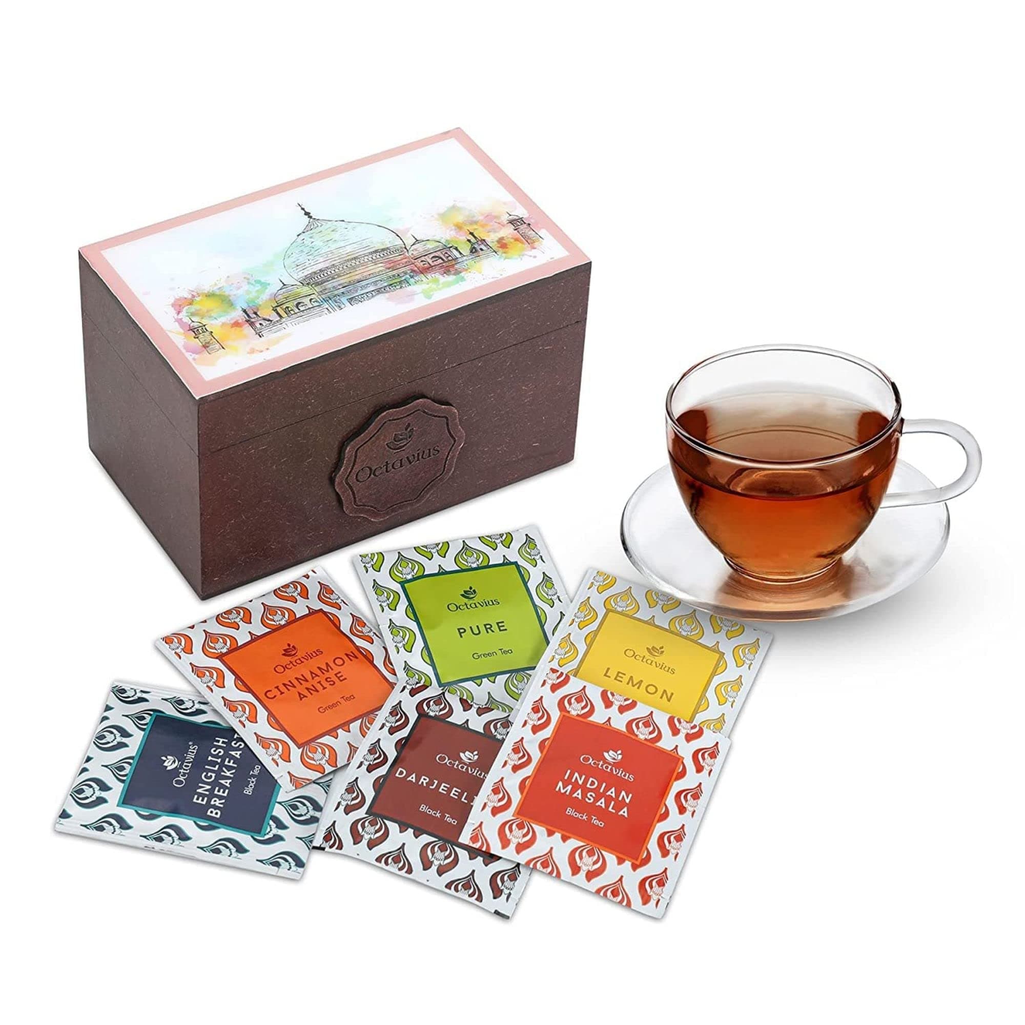 Octavius Assortment of Fine Teas- 30 Teabags Taj Print Wooden Box