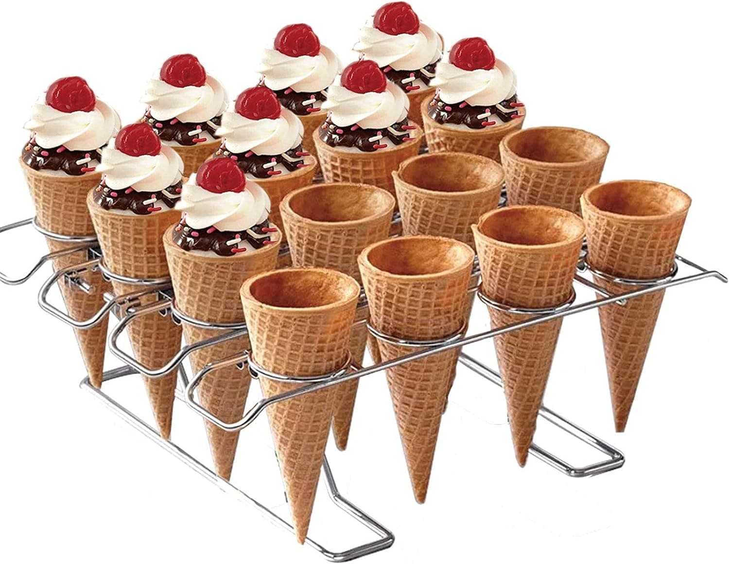 Newthinking Cupcake Cones Baking Rack, 16-Cavity Stainless Steel Ice Cream Cone Stand Holder Foldable Cake Decorating Pastry Tray Waffle Cones Holder for Baking, Cooling, Display