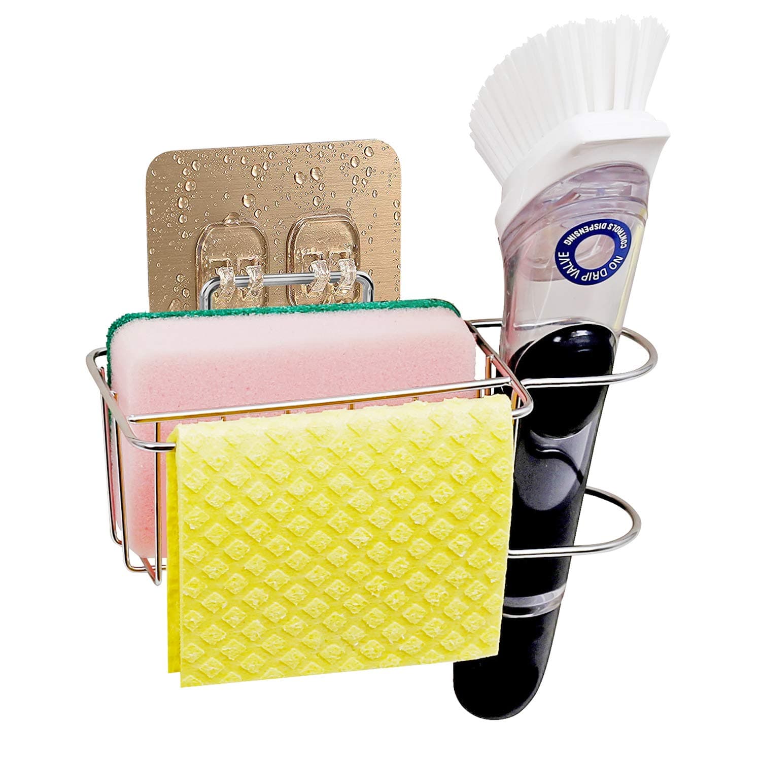 Bogeer 3-in-1 Sponge and Brush Holder for Kitchen Sink Sink Caddy Organizer for Sponge, Brush and Dishcloth Sponge Holder Drainer Rack Sponge Holder, Stainless Steel, Reusable Adhesive