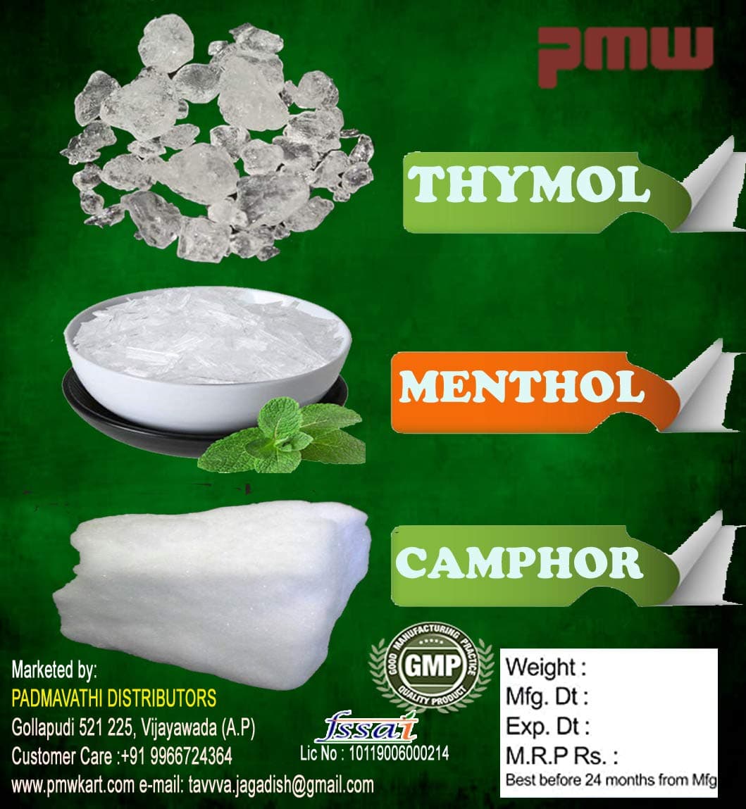 Pmw - Thymol Menthol Camphor Combo - 50 Grams Each - Ajwain Ki Phool - Pudina Ki Phool - Peppermint - Total 150 Grams