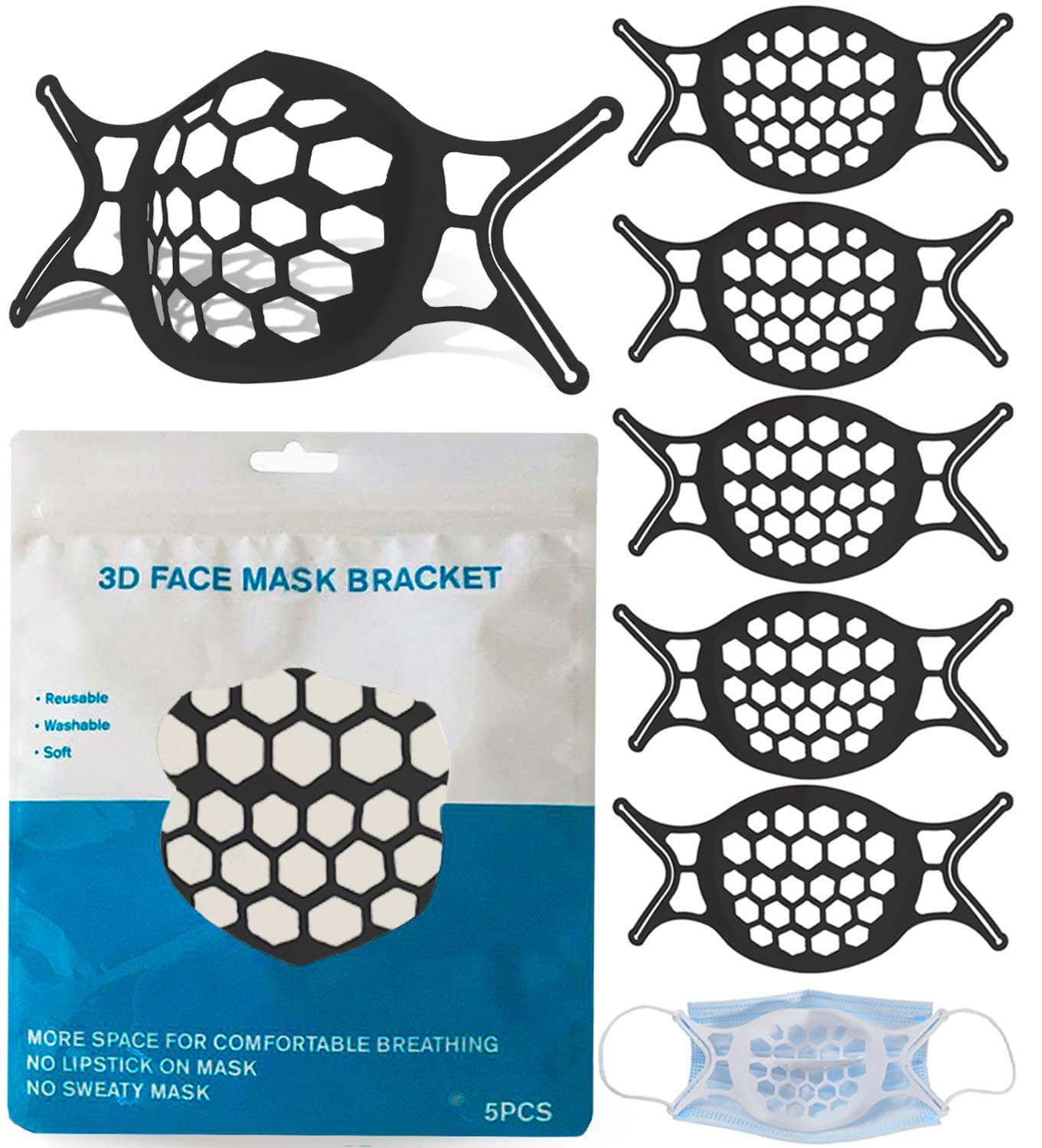 Silicone Face Mask Bracket for Easier Breathing - 3D Support Frame Insert Keeps Fabric off Mouth | Lipstick & Makeup Protector | Cool Breathable Inner Holder Cup | Comfortable, Reusable & Washable, 5x