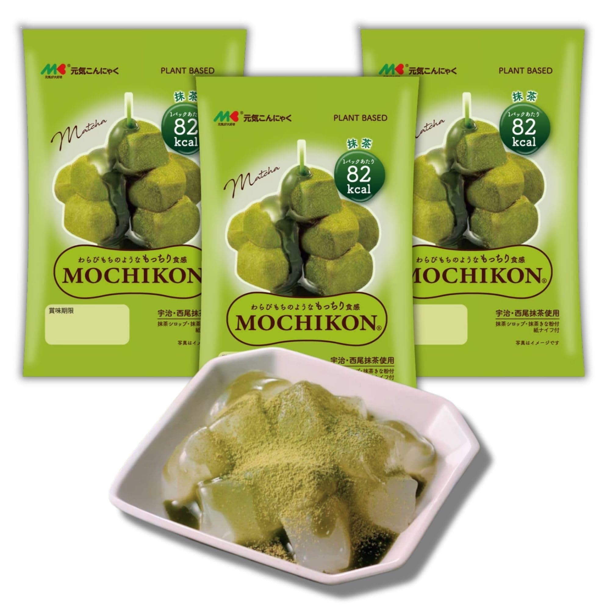 Mochikon - Ready-to-Eat Konjac Dessert with Mochi-Like Chewy Texture, Gluten-Free Dessert, Plant-Based, Healthy Snack, Made in Japan, 100g by B-GENKi, Marukin Foods (Pack of 3) (Matcha)